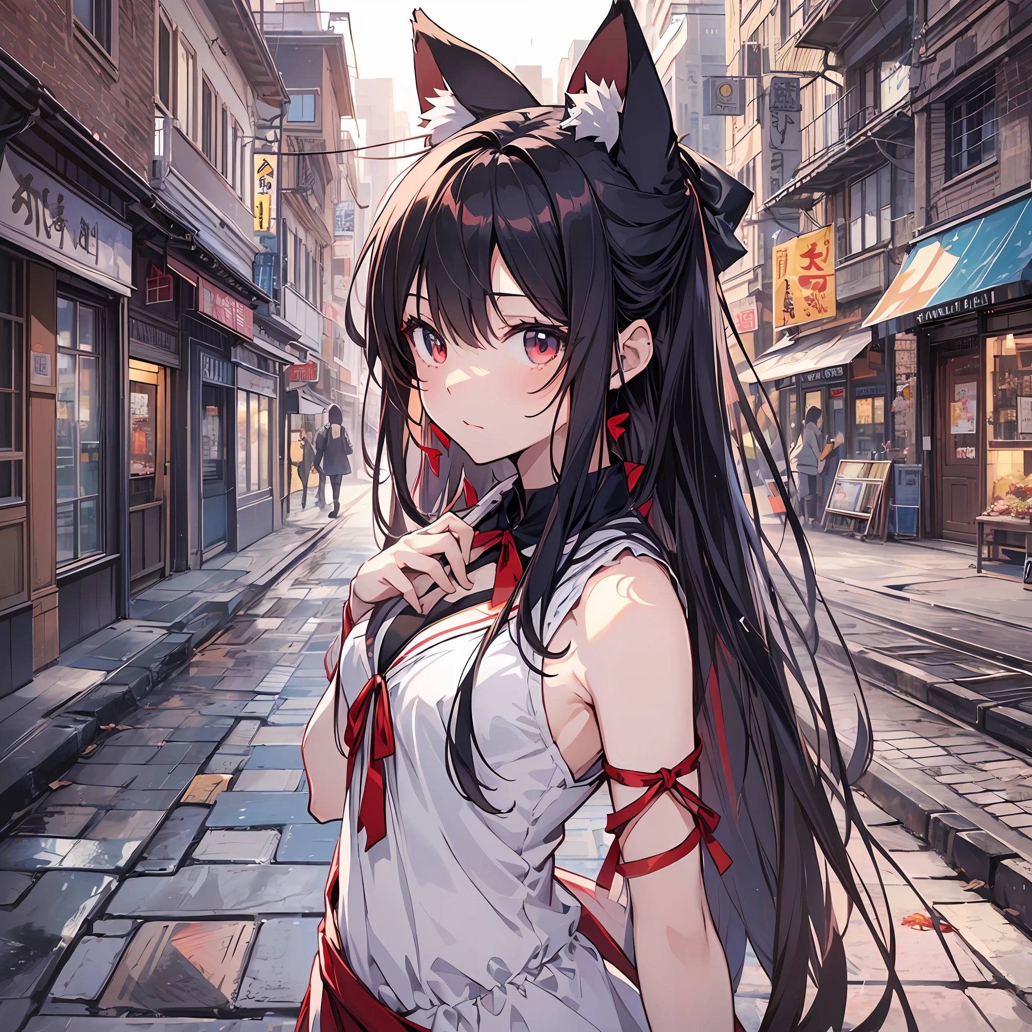 ((Best Quality, 8K)) (((White and red sleeveless dress)))++ Anime girl with sleeveless small breasts long hair black hair and animal ears Rin Tosaka, anime moe art style, anime style like Fate/stay night, anime girl with long hair, very cute anime girl face, nightcore, from the front line of girls, cute anime girl portrait, anime girl with cat ears, High quality anime art style, "beautiful anime woman", red little ribbon on head sunlight city