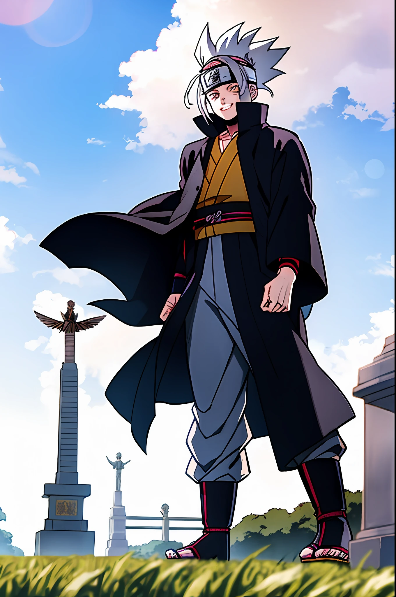 Bandana do Naruto, cabelo do goku, Cabelo platinado, cabelo espetado, kimono pants, musculoso, munhequeira preta, Botas estilosas, Foco masculino, faxa, Camisa Preta, punhos, Fechado, bravo, dentes Fechado, estilo , Masashi Kishimoto, estilo anime, personagem na frente do Monumento dos hokages anime Naruto, ((obra-prima))