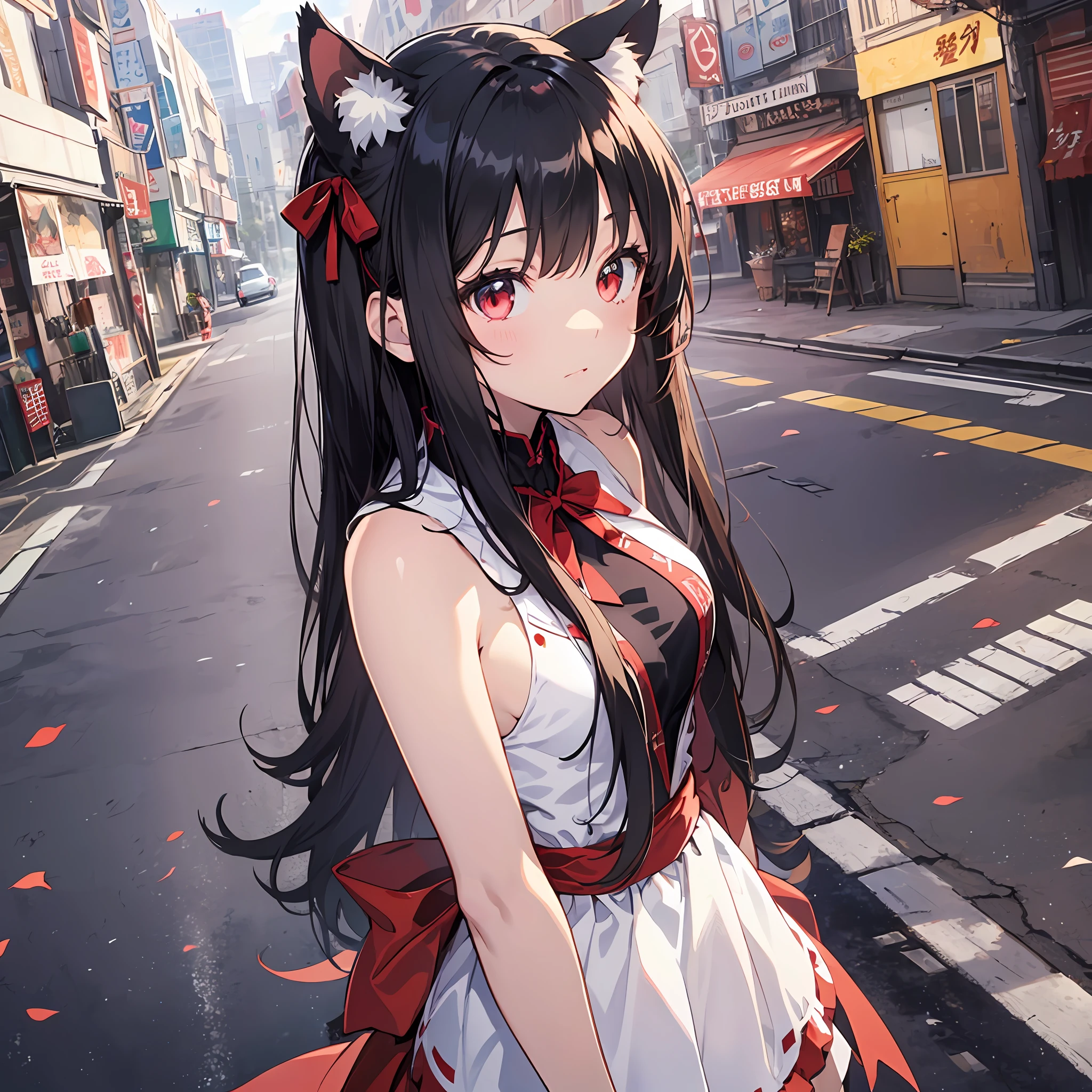 ((Best Quality, 8K)) (((White and red sleeveless dress)))++ Anime girl with sleeveless small breasts long hair black hair and animal ears  Rin Tosaka, anime moe art style, anime style like Fate/stay night, anime girl with long hair, very cute anime girl face, nightcore, from the front line of girls, cute anime girl portrait, anime girl with cat ears, High quality anime art style, "beautiful anime woman", red little ribbon on head  sunlight　city