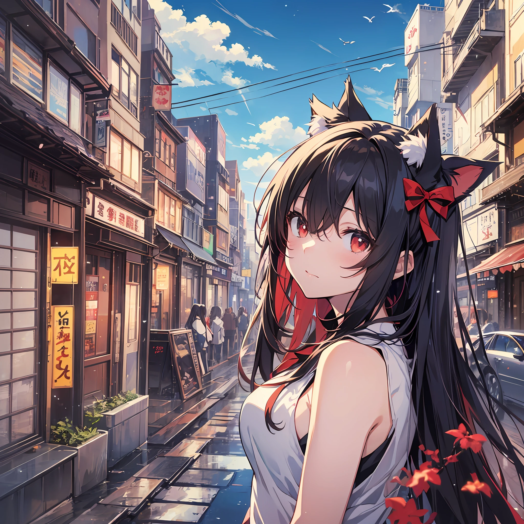 ((Best Quality, 8K)) (((White and red sleeveless dress)))++ Anime girl with sleeveless small breasts long hair black hair and animal ears Rin Tosaka, anime moe art style, anime style like Fate/stay night, anime girl with long hair, very cute anime girl face, nightcore, from the front line of girls, cute anime girl portrait, anime girl with cat ears, High quality anime art style, "beautiful anime woman", red little ribbon on head sunlight city