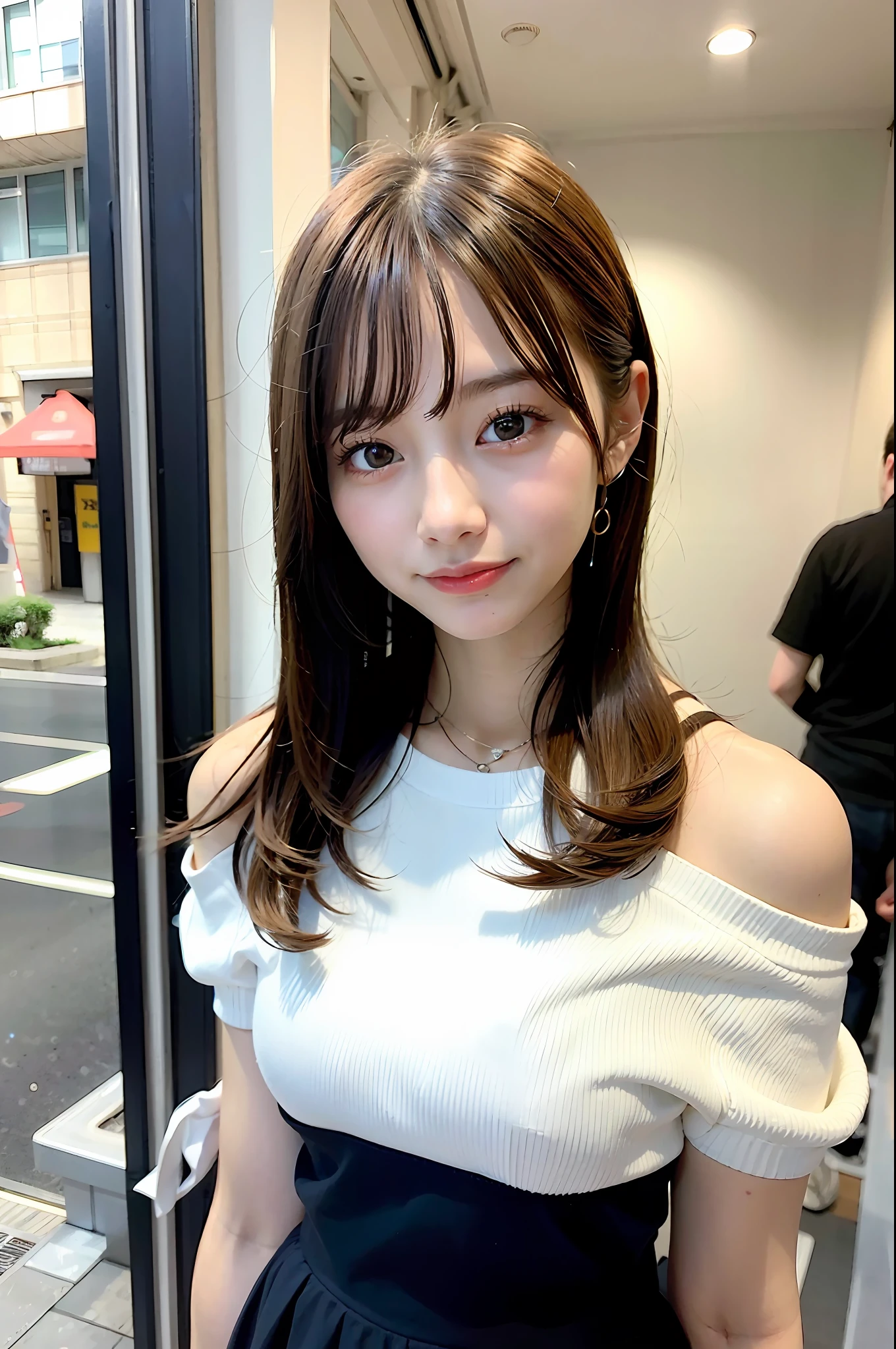 top-quality、超A high resolution、(Photorealsitic:1.4)、1人、Off-shoulder white shirt、Black tight skirt、Beautiful eyes、flawless skin、Kamimei