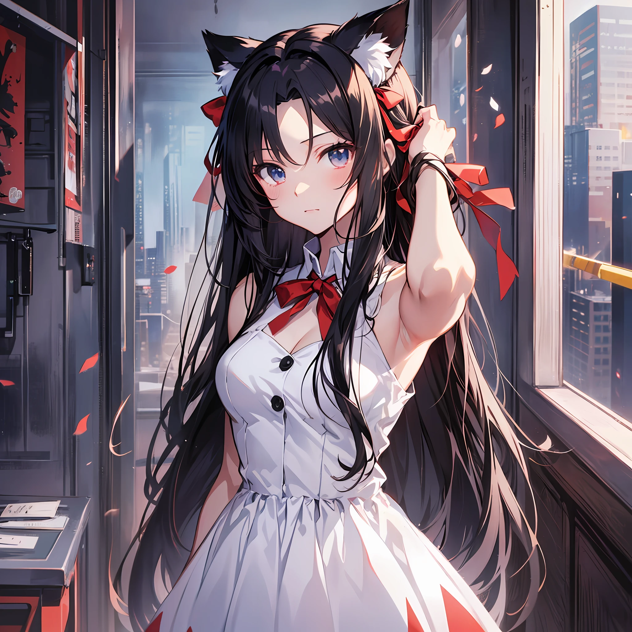 ((Best Quality, 8K)) (((White and red sleeveless dress)))++ Anime girl with sleeveless small breasts long black hair and animal ears Rin Tohsaka, anime moe art style, anime style like fate/Stay Night, Anime Girl with Long Hair, extremely cute anime girl face, nightcore, From the front line of girls, portrait of cute anime girlbabes, Anime girl with cat ears, High quality anime art style, "beautiful anime woman", Red little ribbon on sunlight on head a room morning