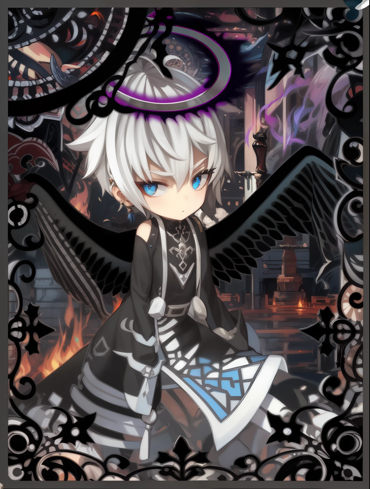 Fallen Angel,male people,ember,Short black hair,large black wings on the back,cool expression,Glaring,Holding a large sword with a flame effect in his left hand,Black Armor,full body Esbian,Bold poses,high-level image quality,hight resolution,8K,Fantasy world,piercings,Plenty of detail,top-quality,Fractal Art,masterpiece,realisitic,