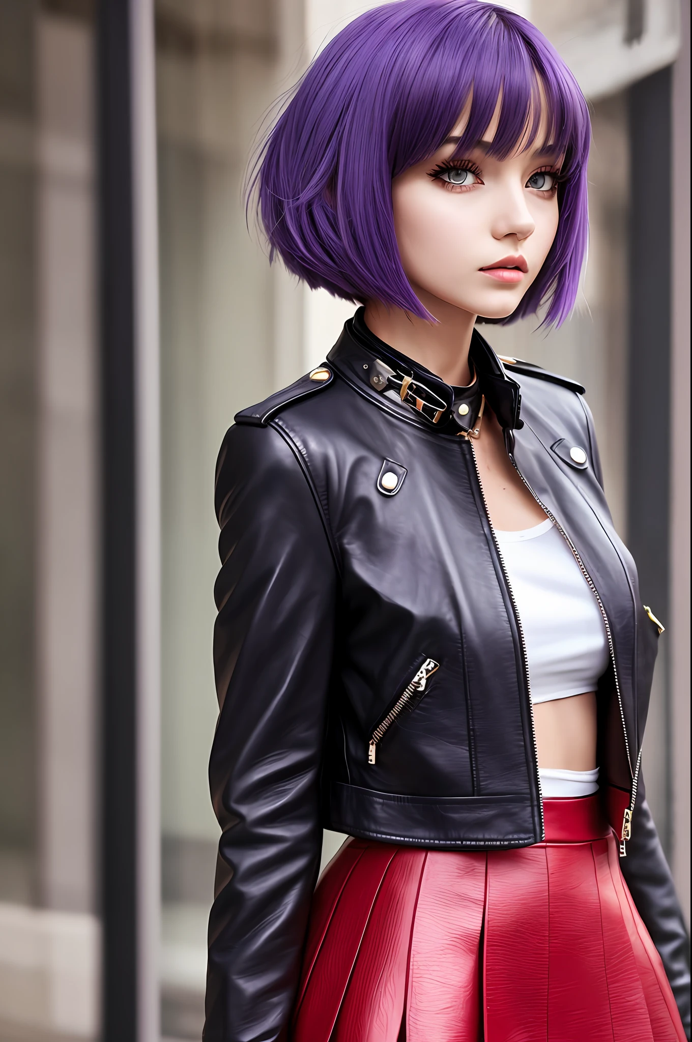 1girl, purple eyes and dark purple hair, bob cut, medium length haircut, black leather jacket, long red-colored shirt with several rips at the collar and hem, black skirt