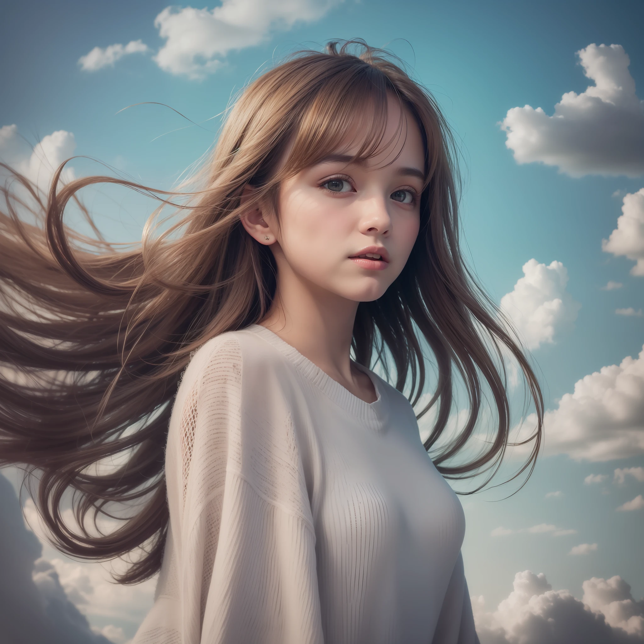 masterpiece, best quality, movie still, 1girl, floating in the sky, cloud girl, cloud, (close-up:1.1), bright, happy, fun, soft lighting, (Bauhaus, shapes, lines, abstract:1.1)