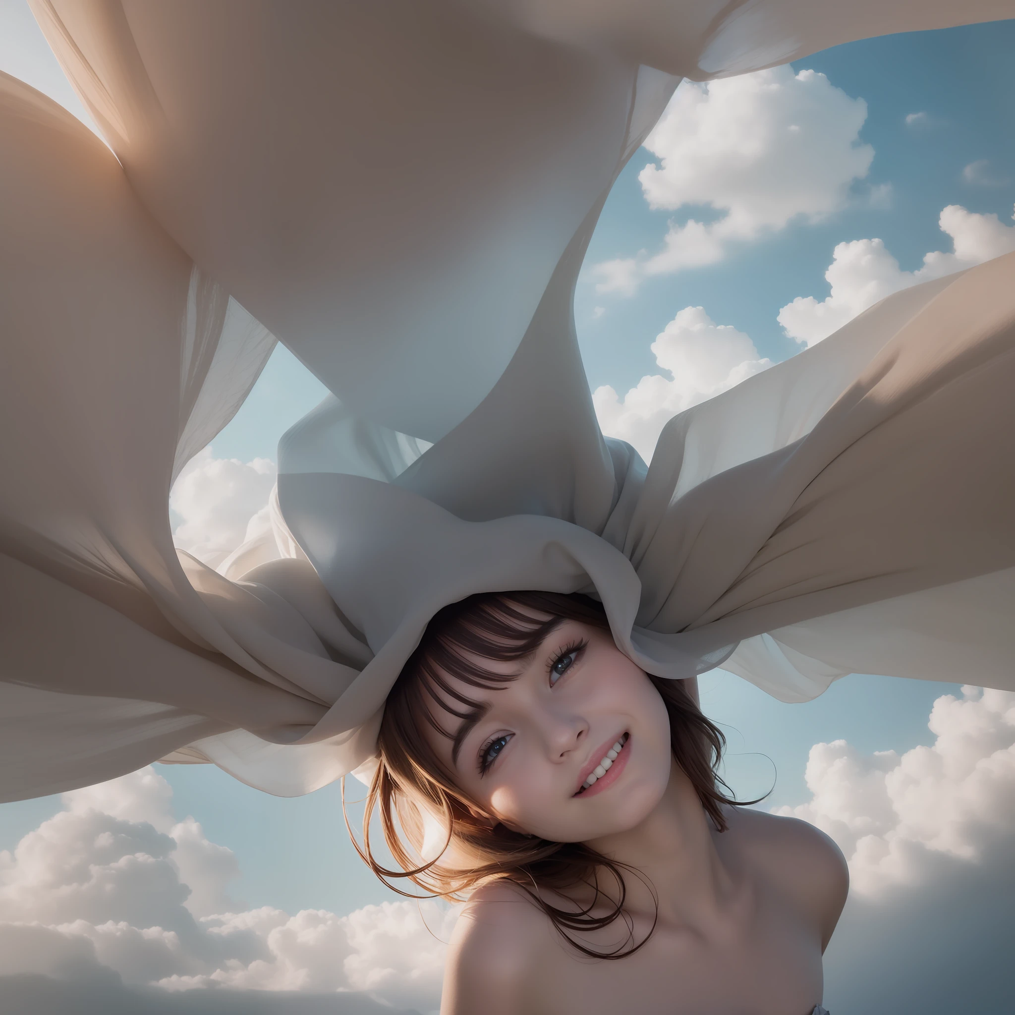 masterpiece, best quality, movie still, 1girl, floating in the sky, cloud girl, cloud, (close-up:1.1), bright, happy, fun, soft lighting, (Bauhaus, shapes, lines, abstract:1.1)
