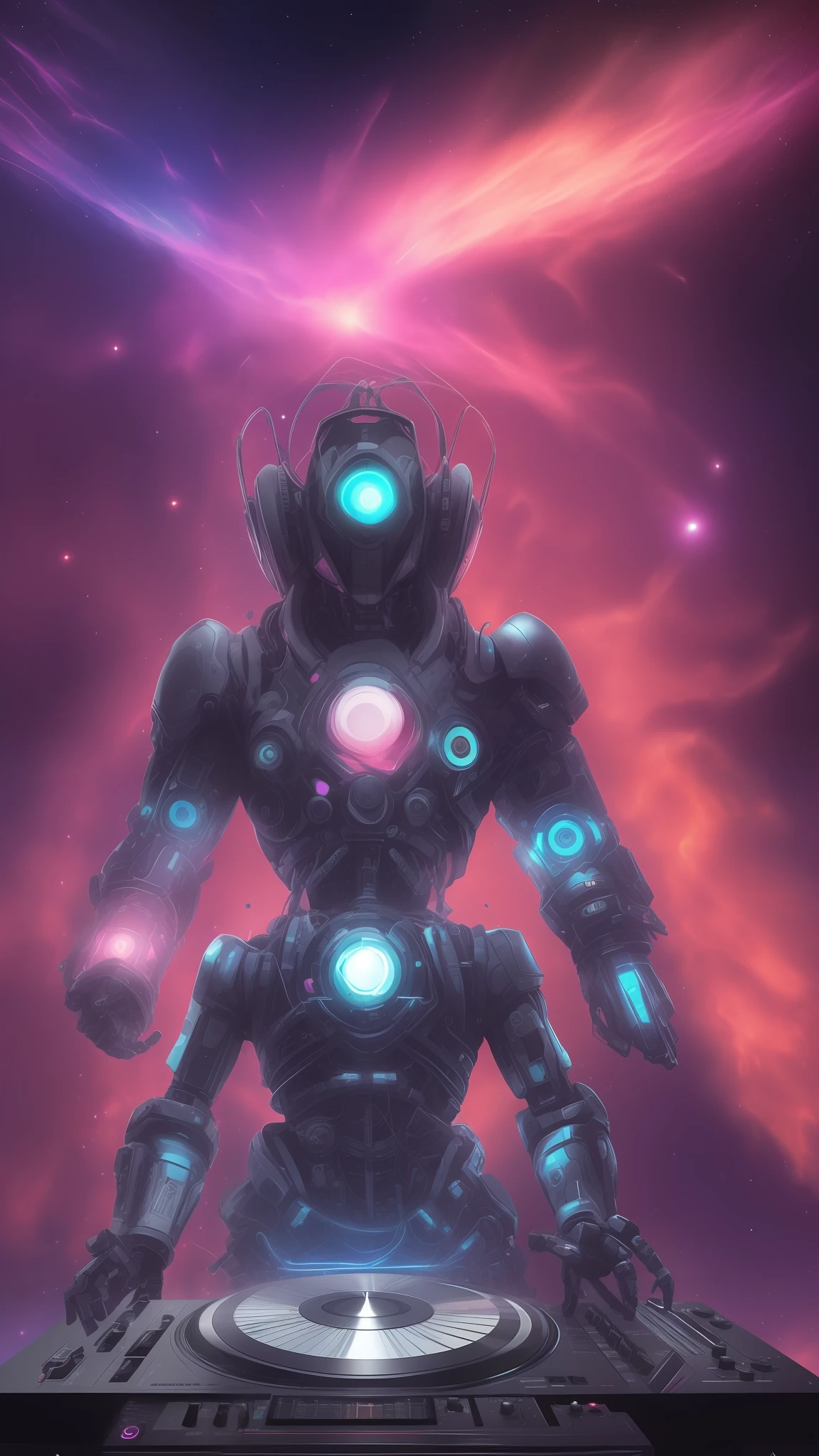 Dj robot inconcebible y espectacular una escena de emergencia de una figura de la nube brillante, hilos de nebulosa fractal, cosmic entities, celeste, cosmic, vibrant and vivid, remolinos, giratorios, poco realistas, alto contraste, simobolismo, magica, mistic, desconcertante, hiperrealista, sobresaturado, colorido
Un dj