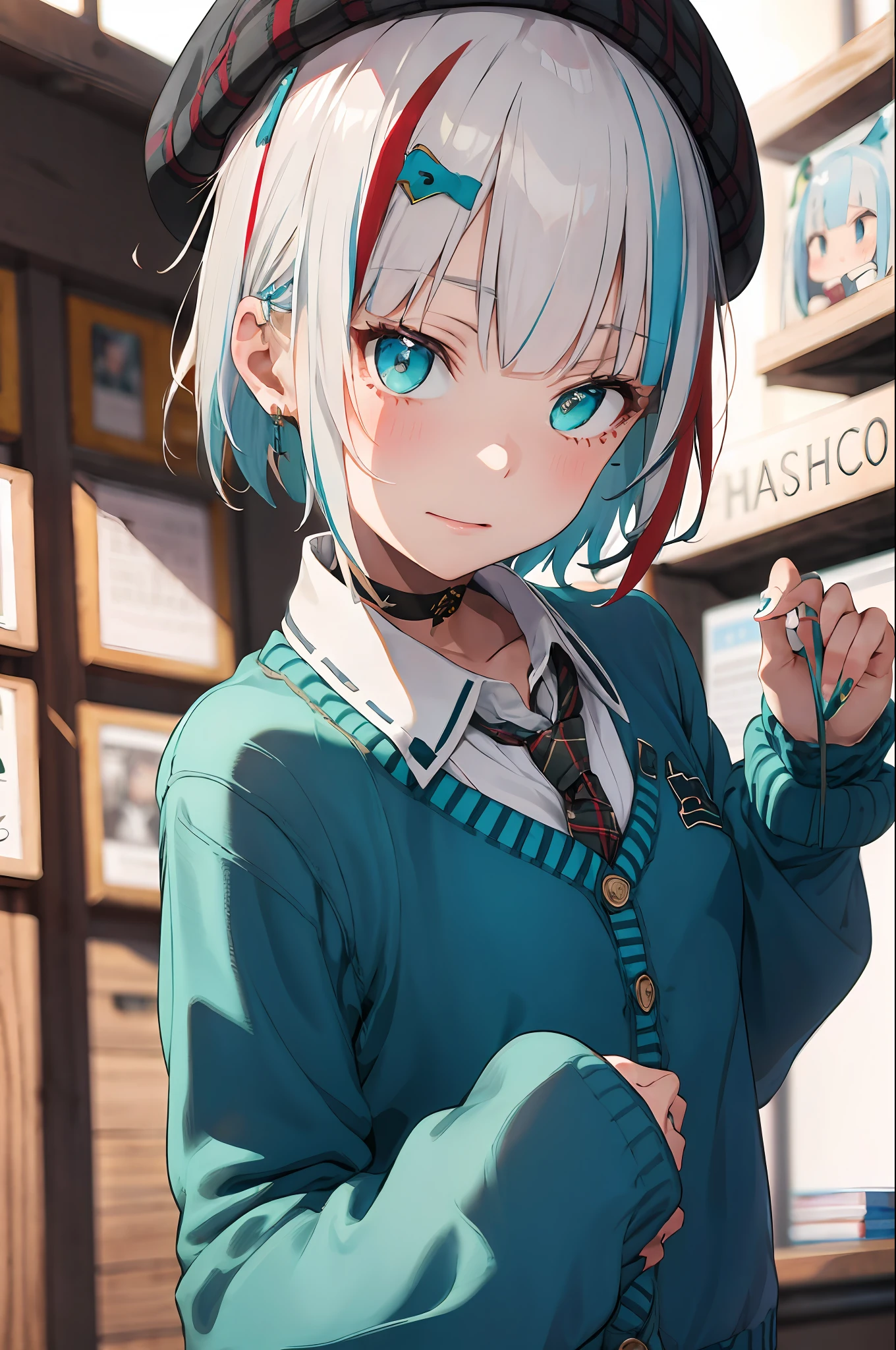 best quality, masterpiece, 1girl, solo, red gradient streaked hair, short hair, white hair, lily (wacca), black beret, plaid skirt, choker, cyan sweater jacket, collared shirt, black plaid necktie, sleeves past fingers, blunt bangs