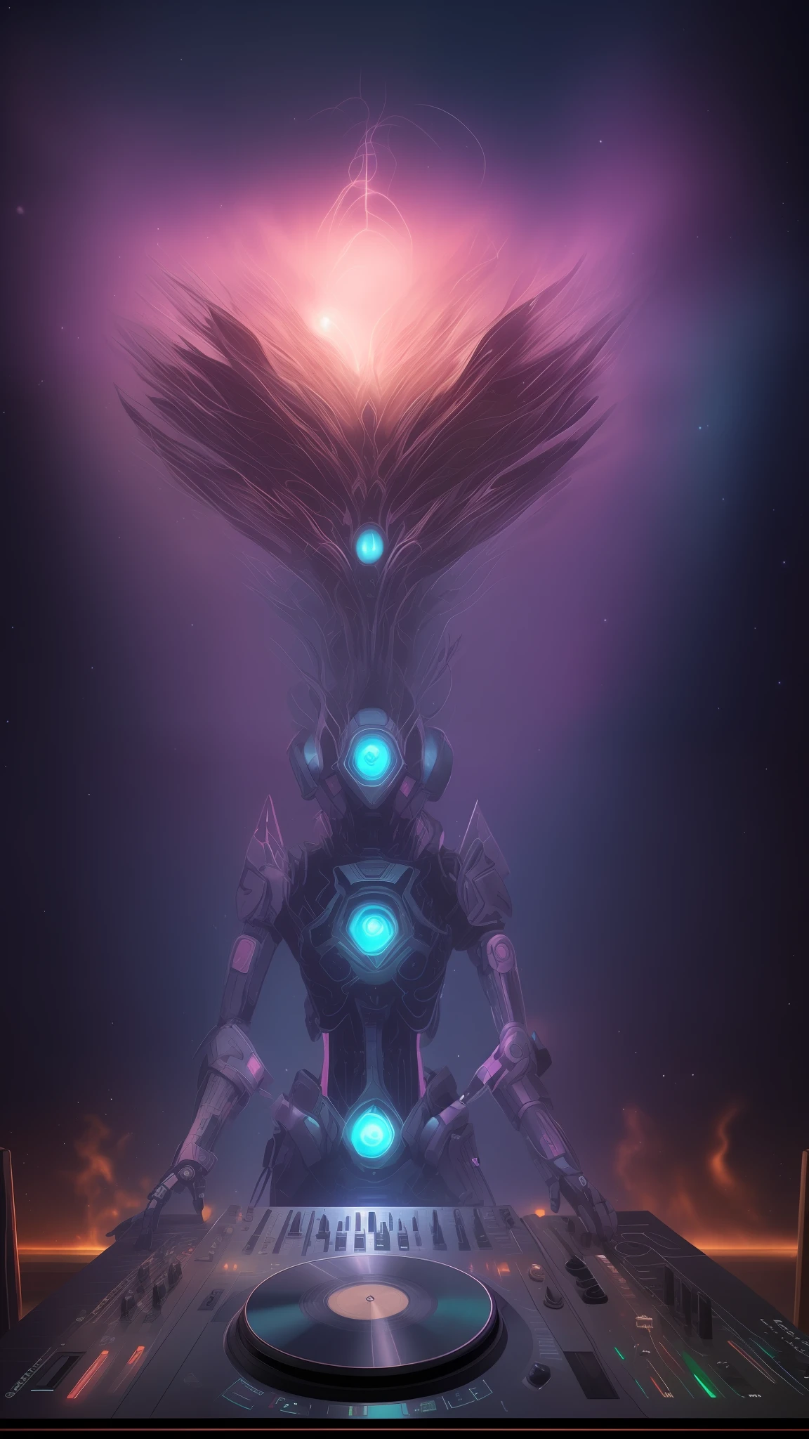 Dj robot inconcebible y espectacular una escena de emergencia de una figura de la nube brillante, hilos de nebulosa fractal, cosmic entities, celeste, cosmic, vibrant and vivid, remolinos, giratorios, poco realistas, alto contraste, simobolismo, magica, mistic, desconcertante, hiperrealista, sobresaturado, colorido
Un dj
