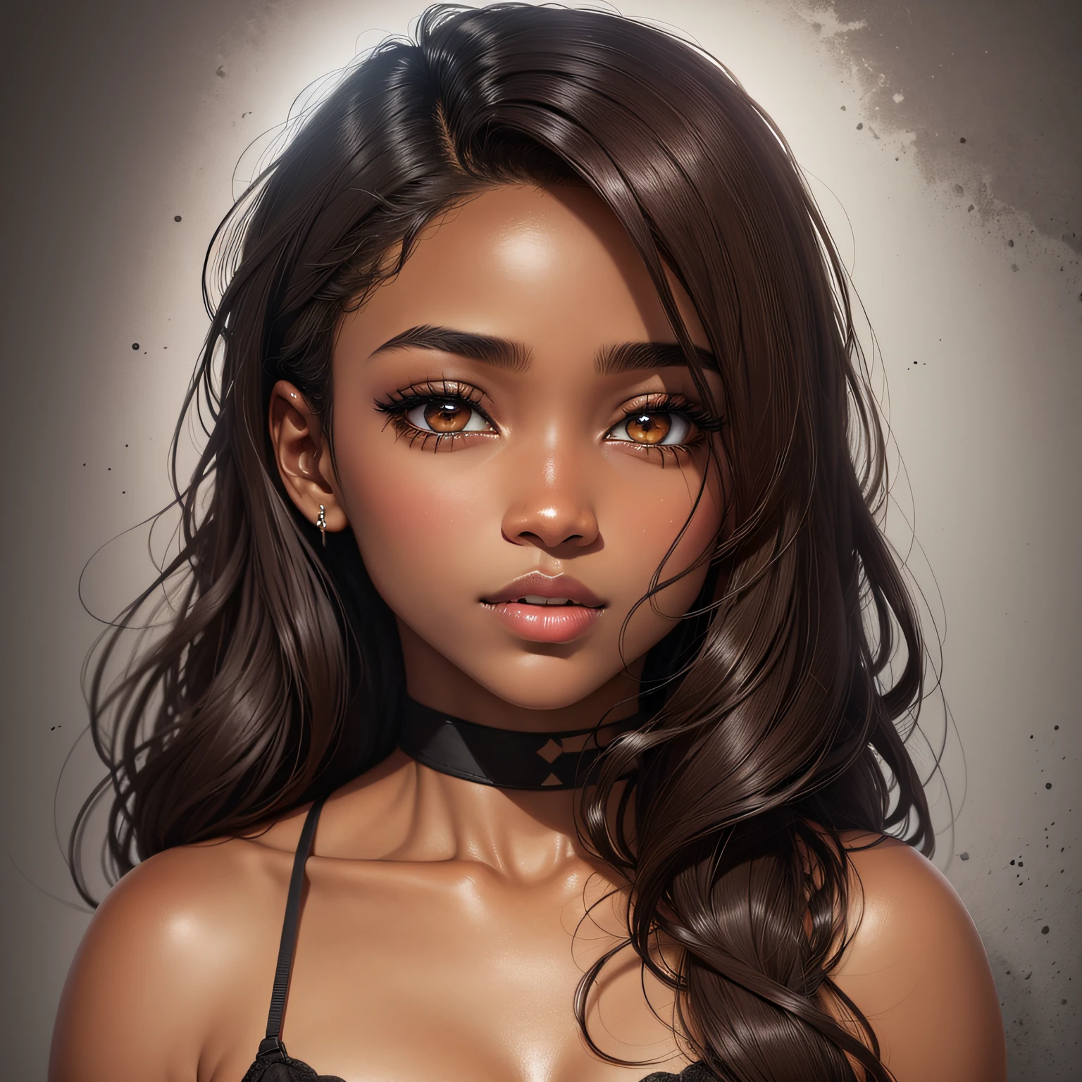 obra-prima, melhor qualidade, ultra-detalhado, 8K, luz detalhada, sombra detalhada, RAW, (pele detalhada), (realista: 1.2), 1 Mulher negra, sensual, pele refinada, rosto, unhas, joias, cabelos cacheados longos, olhando para o visualizador, piercing, fundo branco, Heart, boca fechada, olhos azuis, esmalte de unha vermelho, Fundo niquelado, --auto