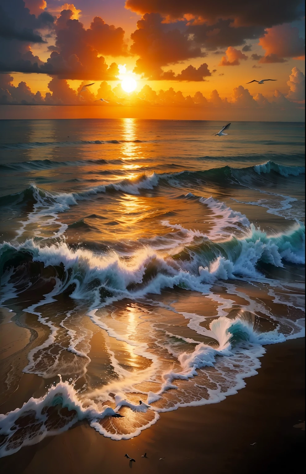 An absolutely mesmerizing sunset over the beach, with a blend of oranges, pinks, and yellows filling the sky. Crystal-clear waters of the sea gently kissing the shore, with sandy white beach stretching far and wide. The scene is dynamic and breathtaking, with seagulls soaring high in the sky and gently swaying palm trees. Take in the calming atmosphere and let the peacefulness wash over you.