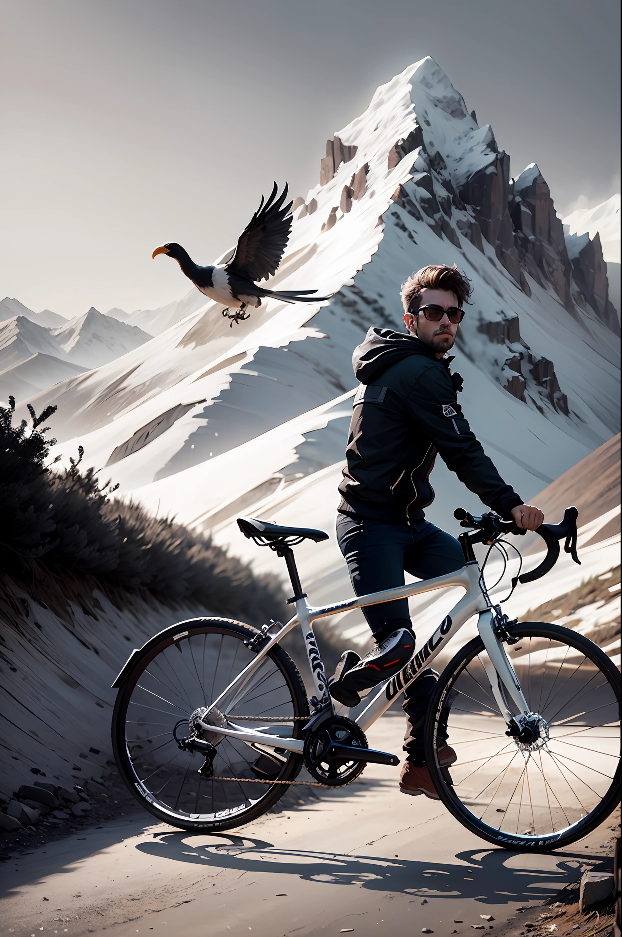 Exact image, There is a bicycle in front of a black and white mountain, altamente detalhada preto branco, Preto e branco, Legenda"Barcelos"." --auto