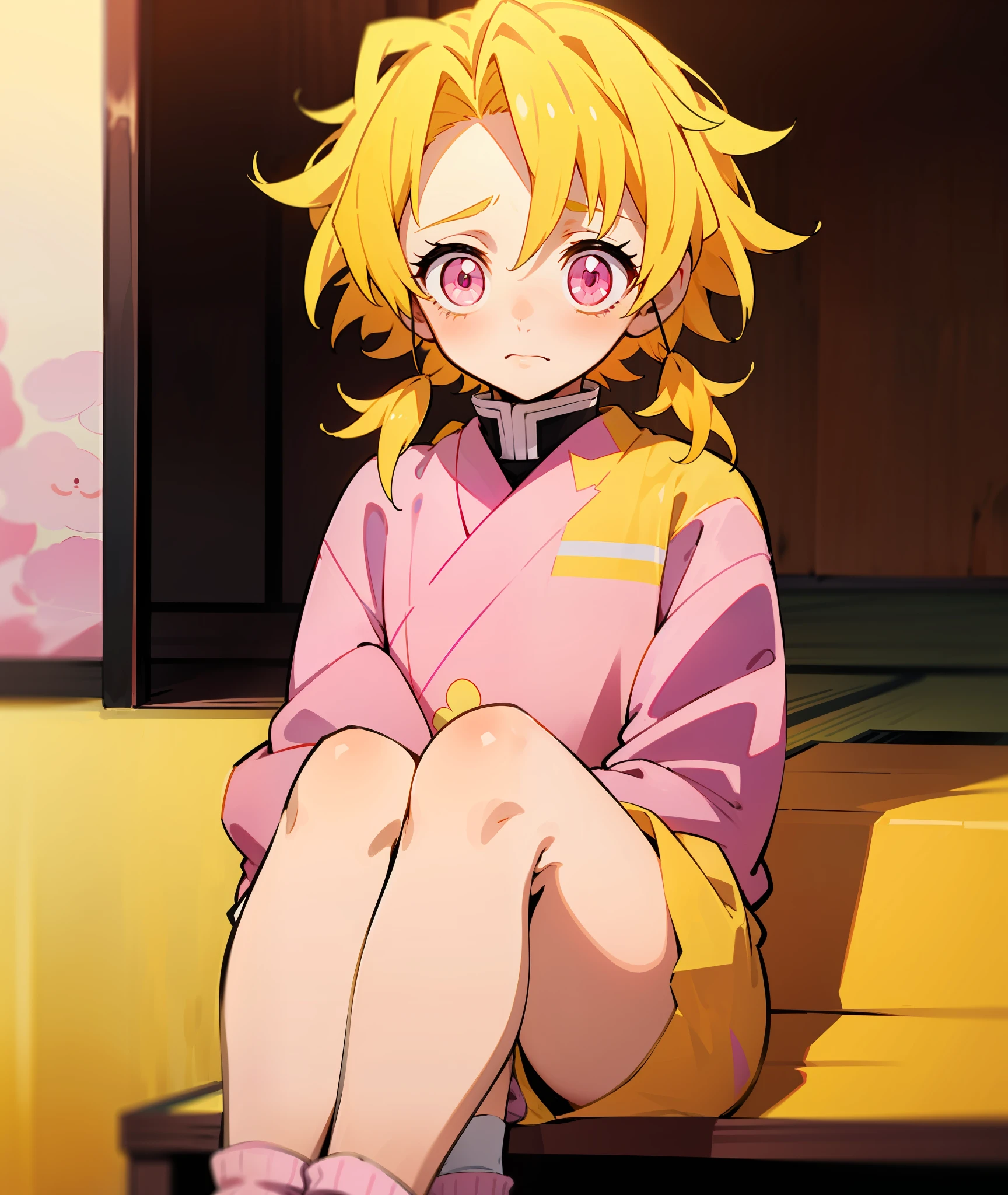 1girl, yellow hair, pink eyes, demon slayer uniform, pink and yellow socks, shy, nervous, yellow and pink haori, pink nails, sitting, shy, knee high baggy socks, yellow and pink socks, pink haori