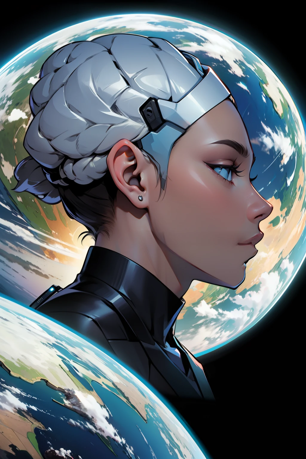 A half-open human head in profile with the brain uncovered, fundo com o planeta terra --auto