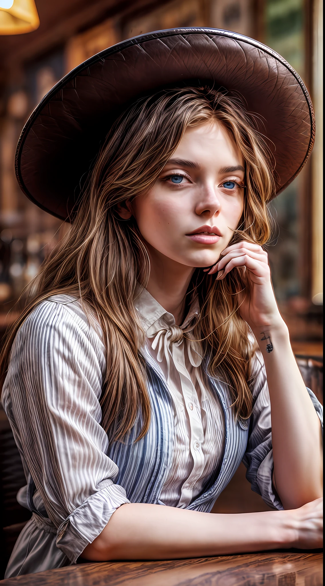 (RAW photo), masterpiece, highest quality, 8k wallpapers, (photo realism: 1.4), (high resolution), super detailed, (realism: 1.2), (best quality: 1.3), a beautiful rancher woman from the 1800s with wavy blond hair, light blue eyes and dark eye shadow, eye liner, dressed in a white blouse, brown leather vest, brown leather cowboy hat, siting at a table in a poorly lit saloon, 1880s , Smokey, poorly lit, soft light, backlit, micro-details, photorealism, photorealistic, cinematic light, cinematic, beautiful girls, dim lights,