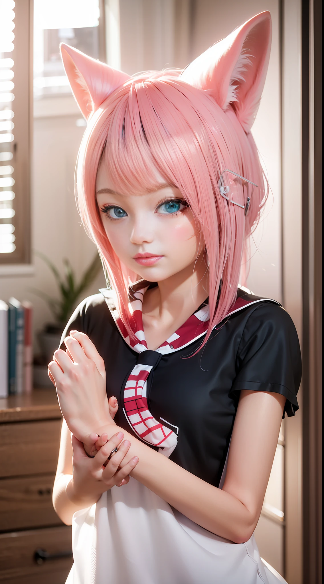 Anime girl with pink hair and cat ears and pink tie, render of a cute 3d anime girl, pink twintail hair and cyan eyes, anime styled 3d, photorealistic anime girl rendering, 3 d anime realistic, Realistic anime 3 D style, 3d anime girl, Realistic young anime girl, Smooth anime CG art, Anime style. cute kawaii girls, cute female student, wearing a Japanese school uniform, Cute anime girl, girl cute-fine face, slender figures, small boobs, textured skin, high details, 4K