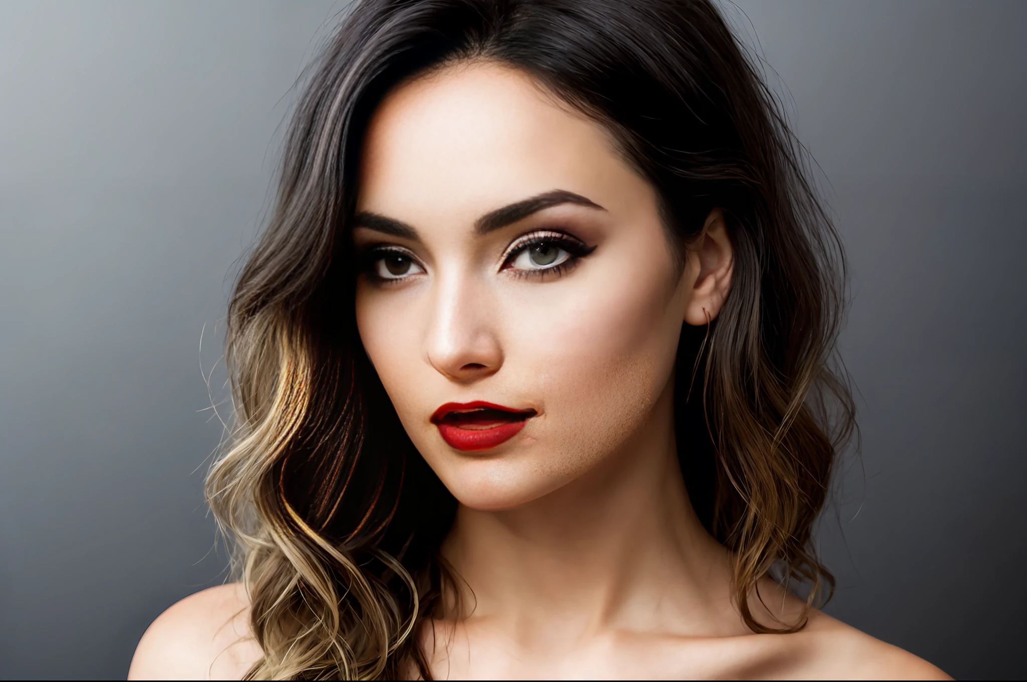 HelgaGrey, woman, (to8contrast style), (Close-up portrait), bold lips, 8k RAW photo, highest quality, detailed hazel-blue eyes, eye reflection, winged eyeliner, (looking at the viewer:1.3), best shadow, intricate details, interior, vibrant wavy Long hair layers with a side part, (blonde hair:1.3), muted colors, high contrast style, glam shot, smoldering, (sultry:1.1), dof, bokeh, intense, languid, tempting, sensual, seductive, longing, yearning, smitten, dark photography studio, minimal lighting, deep shadows, stark contrasts, dramatic highlights, (black backdrop:1.2), dimples, fullness, plumpness, natural pout, lusciousness, red lips, bold color, alluring, captivating, striking, unforgettable, stunning, breath-taking, timeless beauty. (bare shoulders:1.2), headshot
