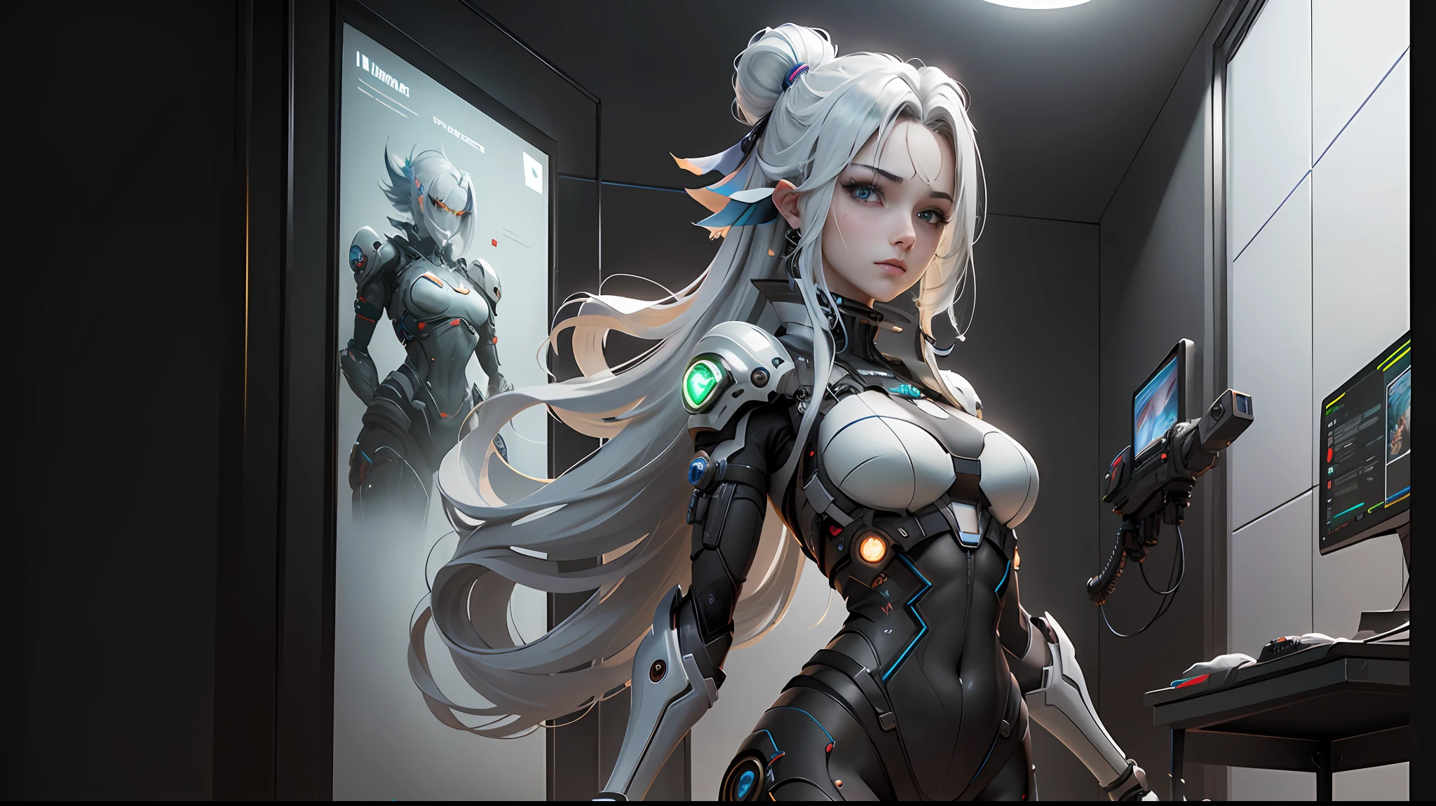 (High quality anime illustration:moe)Ali，Abyss，Cyberpunk environment,，The tanuki tumbled and appeared in the mechanical fog，Raise your hands to the sky，Huge projection revealed,attention-grabbing. Silver-haired mess,Blue eyes firm，Burst of power，Delicate skin feel,Simulate real details,Spaceship texture,High-quality CG results. --auto