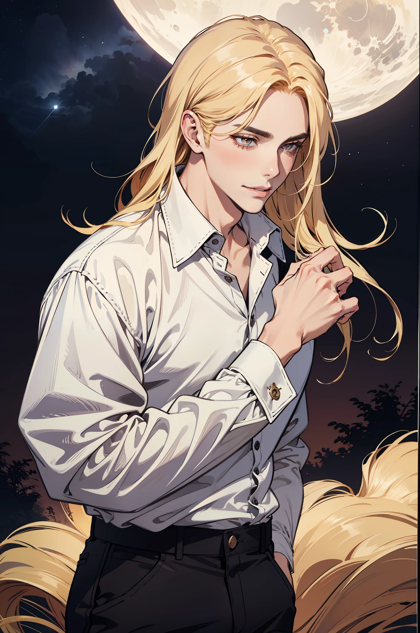 (absurdres, highres, ultra detailed), 1man, 30 years old man, adult man, handsome, tall,, finely detailed eyes and detailed face, leather pants, (((white shirt))), night, smile, dutch angle, ((long hair, blonde hair)), moon, gold details, gothic, vampire, vampire prince, dark, simple clothes, looking at the view, pale skin, red detailed eyes, (masculine), sexy, elegant, long bangs, detailed hands