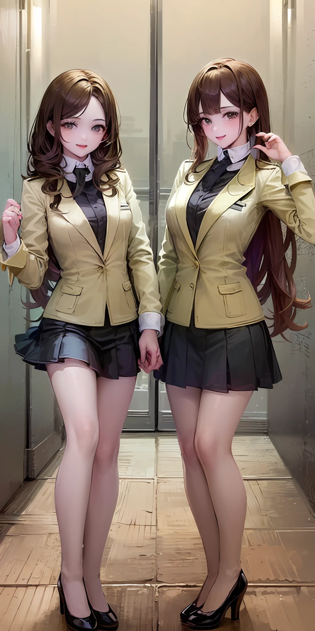 ((Masterpiece, highres)), 2girls, duo, twins, ((one brown haired girl, one blonde girl)), long hair, curly hair, matching hairstyles, different hair color, confident, elegant, proud smiles, (((matching outfits, identical outfits, yellow school uniforms, sexy school uniforms, yellow blazer, yellow short skirt, white thighhighs, black high heels)))