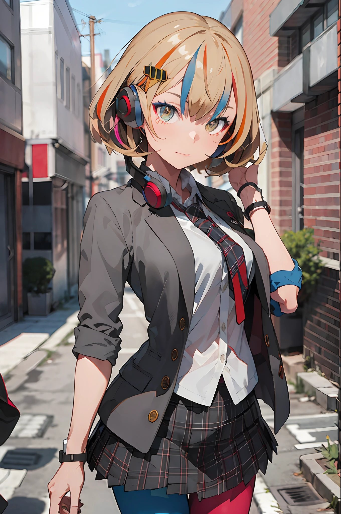 best quality, masterpiece, 1girl, solo elizabeth (wacca), headphones, multicolored clothes, necktie, jacket, plaid skirt, pantyhose , street background