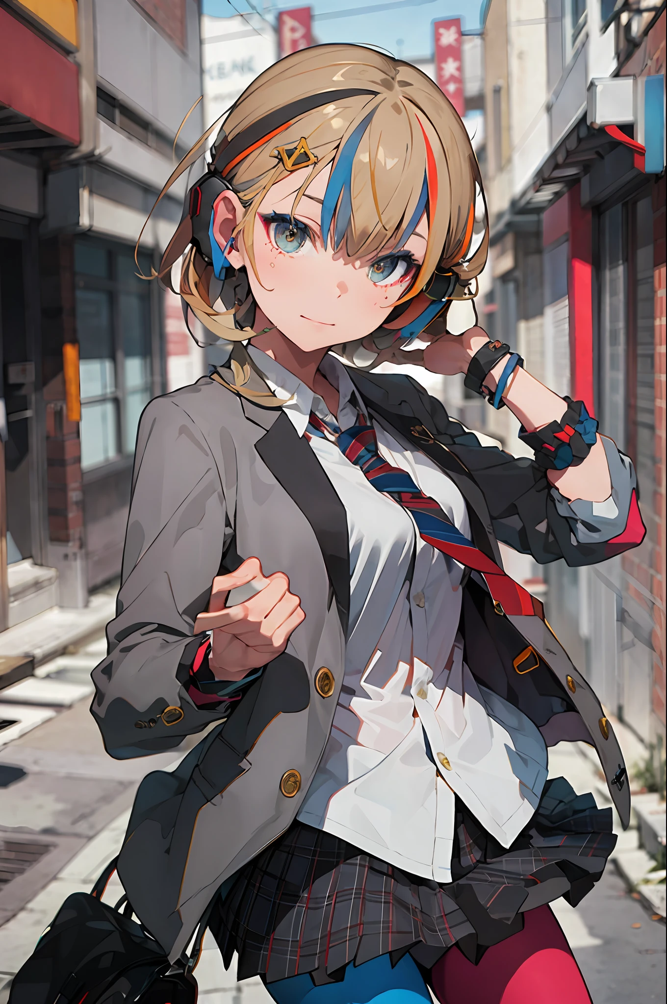 best quality, masterpiece, 1girl, solo elizabeth (wacca), headphones, multicolored clothes, necktie, jacket, plaid skirt, pantyhose , street background