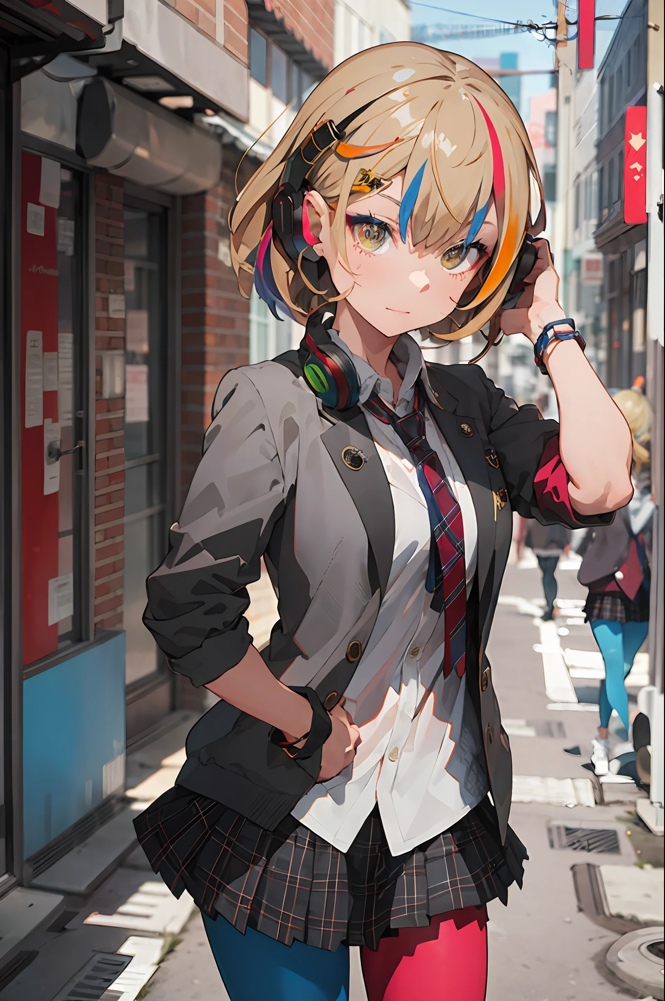 best quality, masterpiece, 1girl, solo elizabeth (wacca), headphones, multicolored clothes, necktie, jacket, plaid skirt, pantyhose , street background