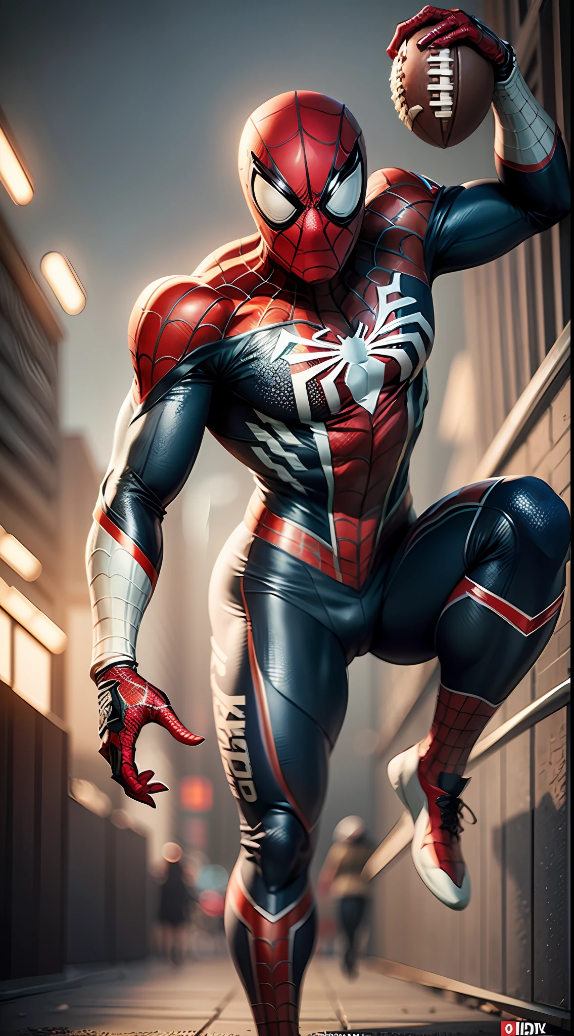 spiderman playing football. Professional photograph of a stunning man detailed, octane render, unreal engine, volumetrics dtx. Lon shot, wide shot, full shot