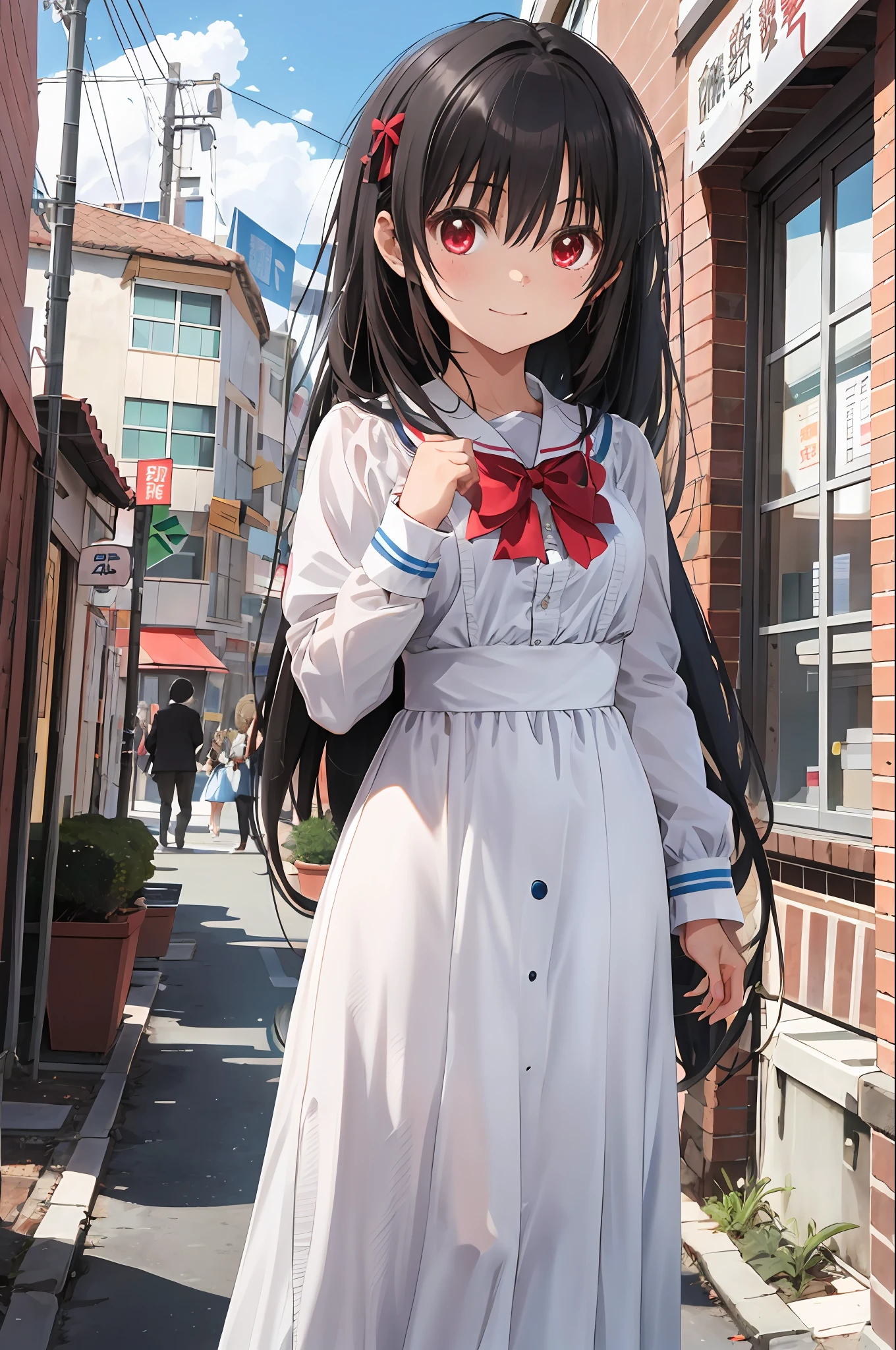 absurdres, best quality, 1girl, solo, nanahara kaoruko, red eyes, bwUniform,white dress,blue bow,long dress,long sleeves