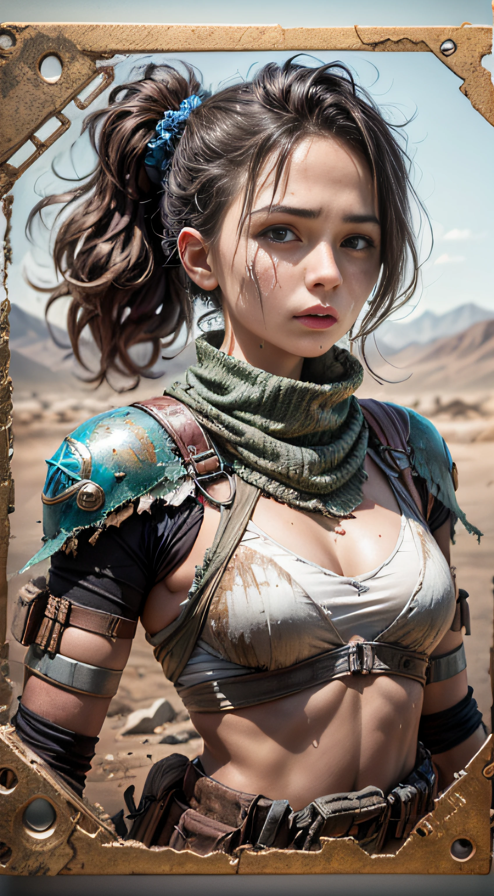A courageous Wasteland Punk battles hand-in-hand through a wasteland full of pitfalls. The camera zooms in on the woman, capturing her determination. The young woman, with a protective expression on her face, wears makeshift armor and patched clothes. As the zoom progresses, the focus shifts to her hands, highlighting the worn and weathered textures that symbolize her journey and the hardships she has endured. This message is realized in a mixed-media sculptural style, combining elements of metalwork and textile art to represent the characters and their resilience in three-dimensional form.