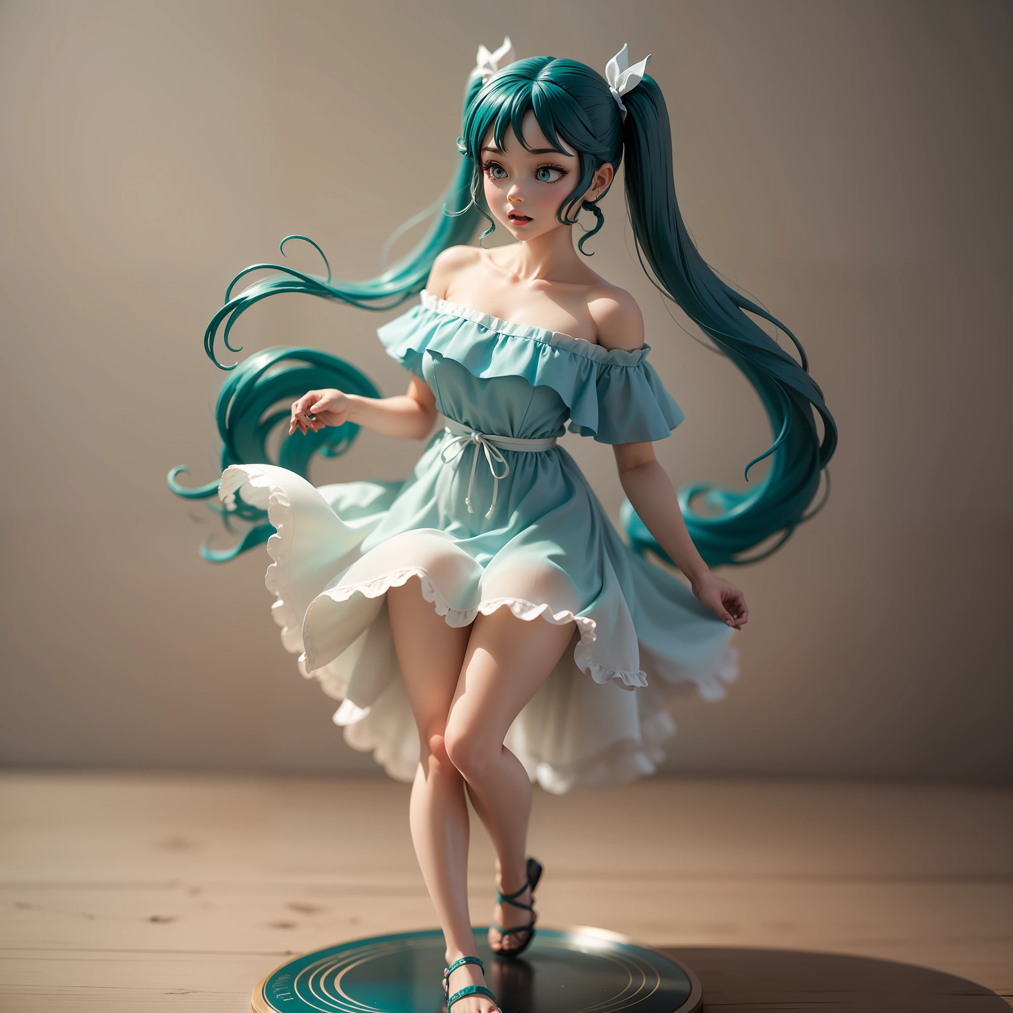 (long teal pigtails,1girl) a figurine standing on a circular plastic base, caught mid-air as if time has frozen. She is wearing a white off-shoulder dress that flows gently in the wind. The background includes an opened gift box. The lighting is harsh and strong, Product Photoshoot