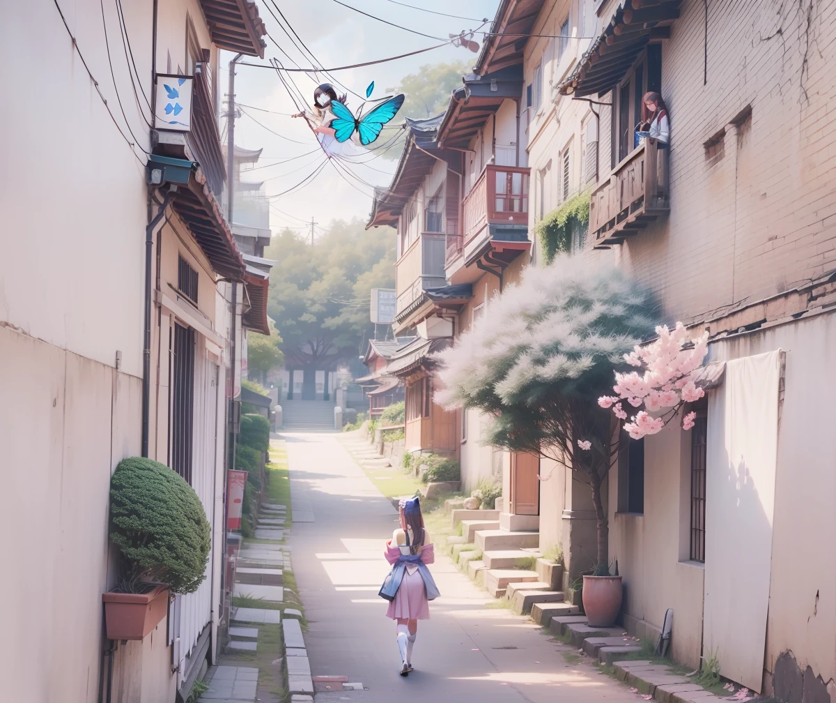 Illustration style, overhead view, dynamic angle, ultra-detailed, close-up shot of a girl with blue eyes, brown hair, and cat ears wearing a pink Miko outfit (1.4) and white stockings. She has bangs, an aura above or behind her head, and is looking at the viewer with a slight smile while showing her bare shoulders. The girl's hands are hidden behind her back while standing upright. She wears a cherry blossom hair accessory ([[0.55]::0.85]) and is surrounded by falling cherry blossoms, flowing water, a beautiful cherry blossom tree, and flying translucent blue butterflies (1.15). The scene is set near a shrine gate with ultra-detailed ruins in the background, an abysmal sea, and a dull blue world tree (1.14). The girl's delicate fingers and hands are emphasized with yubao (0.5). --auto