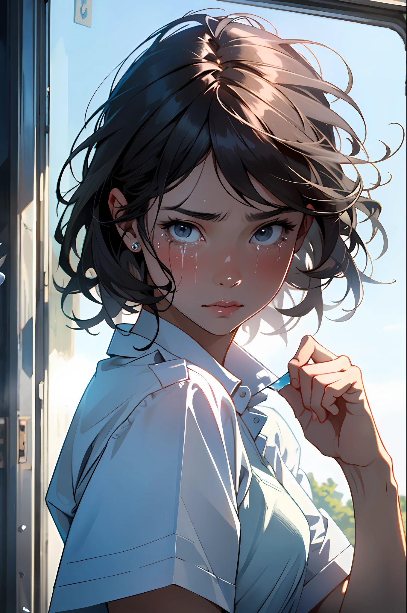 masterpiece, best quality,8k resolution,realistic,
1 girl, Crying, girl wiping glass