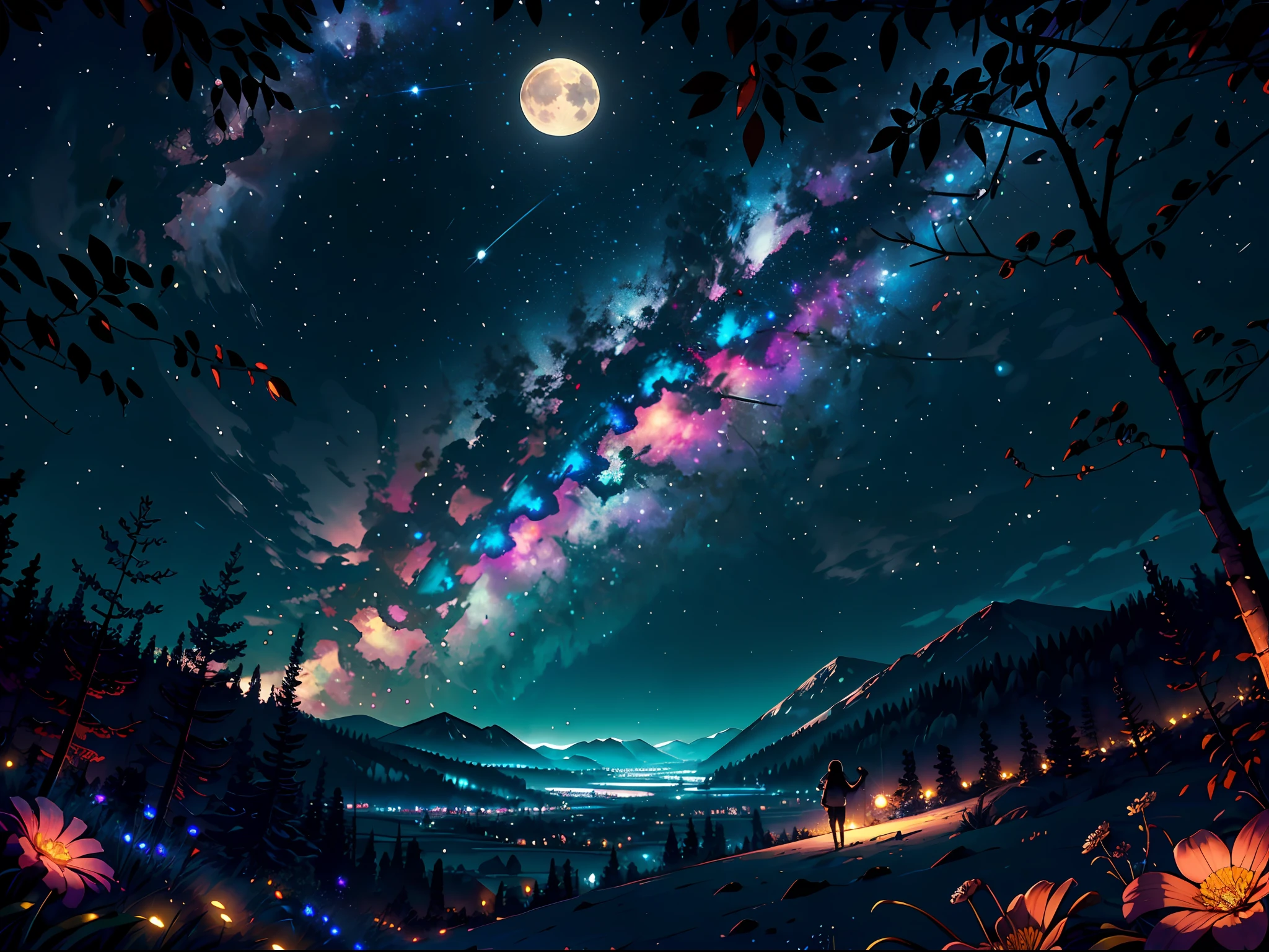 Expansive landscape photograph, (view from below with a view of the sky and the wilderness below), little girl standing in a flower field looking up, (full moon: 1.2), (shooting star: 0.9), (nebula: 1.3), distant mountain, tree break production art, (warm light source: 1.2), (firefly: 1.2), lamp, purple and orange, intricate detail, volume lighting BREAK (masterpiece: 1.2), (highest quality ), 4k, ultra-detailed, (dynamic configuration: 1.4), highly detailed and colorful details (iridescent: 1.2), (sparkling lighting, atmospheric lighting), dreamy, magical, (solo: 1.2)