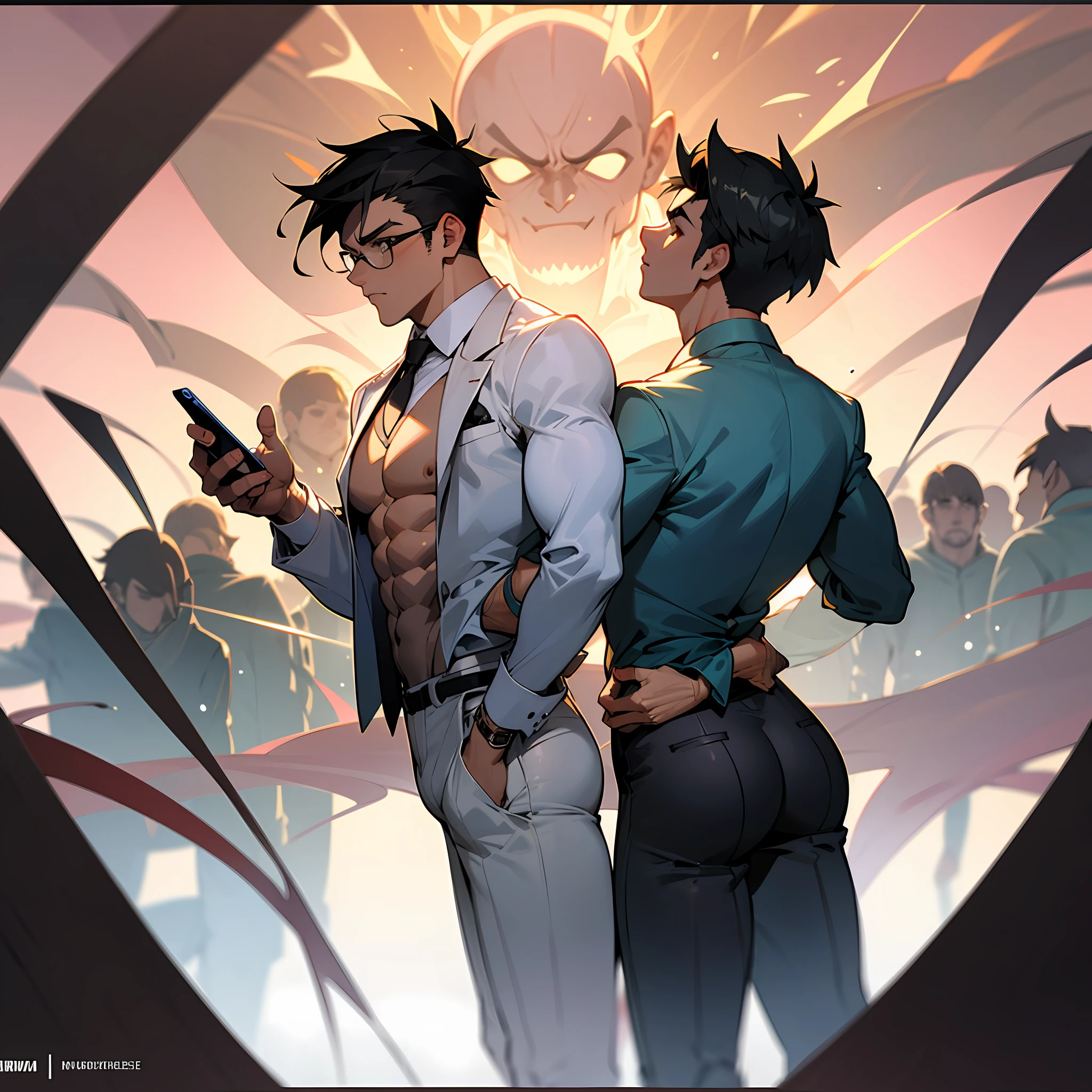 Mature men，Business suit，Sweating profusely，sweat leggs，shirt，office room，sbeard，Thick body hair，anime big breast，Day man，Japan，30 age old，Sweat soaked through clothes，full bodyesbian， male only，malefocus，musculature，Best Rated on pixiv，Super buff and cool，A high resolution，tmasterpiece，Top  Quality，musculous，male people，mtu，Mature men Men for men only，Office buildings for large companies，In a glass-walled office，demo，holding a smartphone in hand，Employee cards are slung around their necks，Employee ID card on his chest，office worker，merchant，Black bottom-rim glasses，Business suit，tight and tight business jacket，Tight and skinny business slacks， Tight and tight sheer white long-sleeved shirt，Tearful shirt chest， tight and tight suit vest，striped tie，Harnes，business shoes，luxury watches，gentlemen's socks，Giant muscles，super muscles，Masculine appearance，35yo，Mature men，tight-sticking clothes and pants，see through clothes，Beautiful black eyes，handsome， Dress neatly，Muscular grace，Complex and elegant，highly detailed digital painting，anime style art，art  stations，concept-art，Top  Quality，tmasterpiece， hyper HD， detailed back ground， Realistic figure， muscle men， sbeard， musculature， Volumetriclighting， depth of fields， Smooth and sharp focus， illustratio， Artistically， black facial hair， short detailed hair， Black hair， musculature， nabel， musculature， male people， homosexuality， super muscles， malefocus， muscles male， yaoi， musculature， big cuvy hips， chest muscle， large pecs， Thick quadriceps muscles， wide shoulder width， latissimus dorsi， large biceps， Large Thigh， soaking wet body， heat and steam emanating from the body， perspired， soaking wet， Crotch， big back， Turn Back， Bare back， showing buttocks， upper class， Radiant oily skin， Sparkling oil skin， suntanned skin， bubble butt， muscular anime guy， Gigachado muscles， musculature！， commission for high resolution， Beef Cake Pose， musculous！， Super buff and cool， musculous！， Best Rated on pixiv， Super buff and cool，SFW