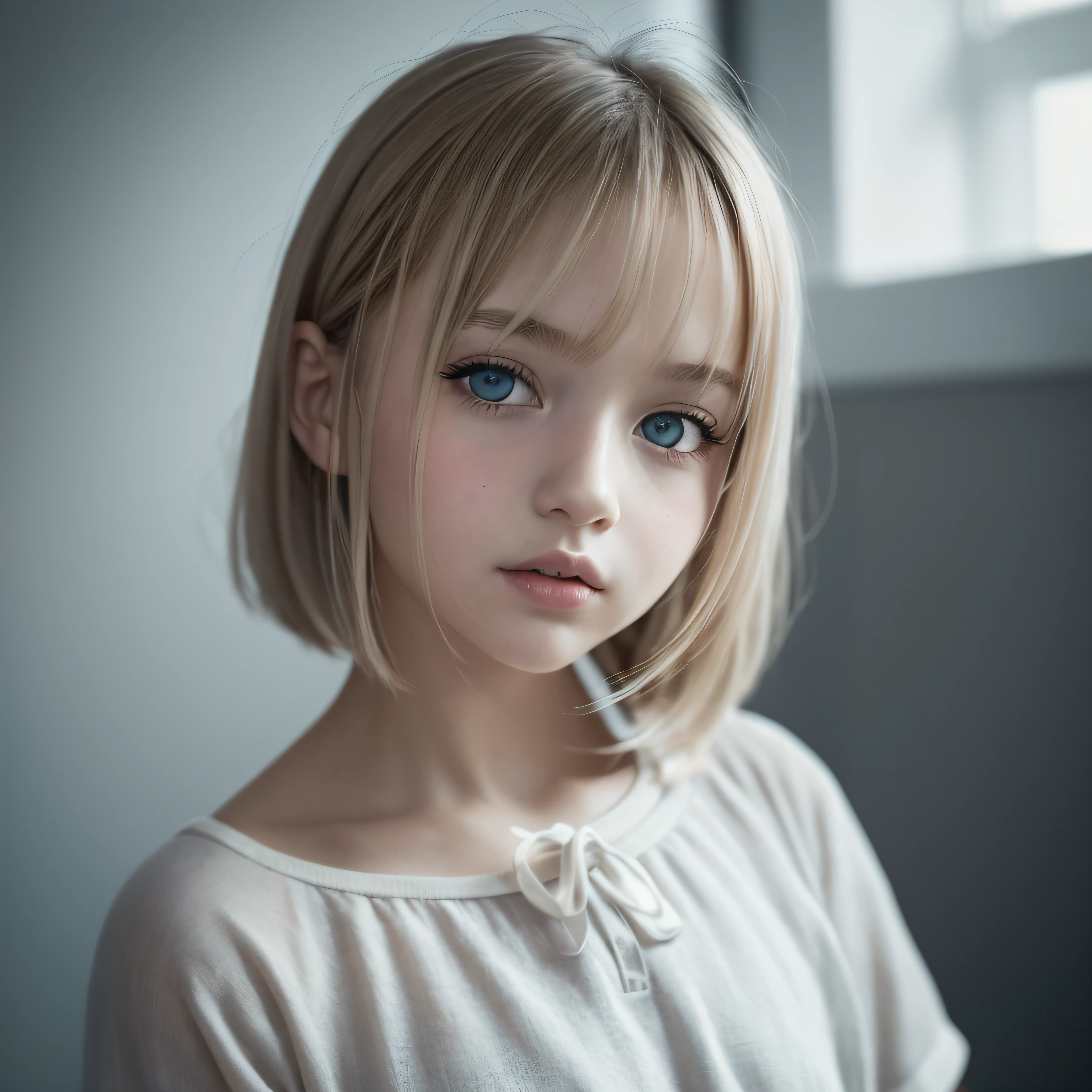 realistic,beautiful,photo,delicate,loli girl ,little,12 years old pretty girl, real beautiful face ,blonde hair, short bob hairblue eyes,beautiful eyes, white aroused,small breasts,cinematic lighting, cinematic lighting,(best quality),monochrome, lineart,monochrome, lineart,comic