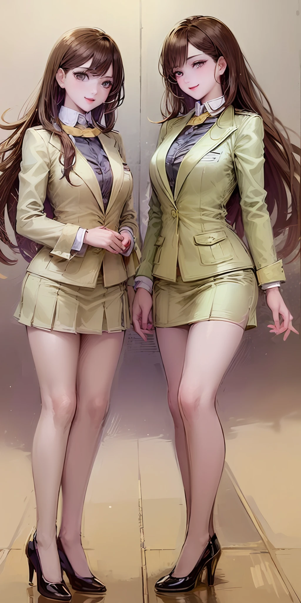 ((Masterpiece, highres)), 2girls, duo, twins, ((one brown haired girl, one blonde girl)), long hair, curly hair, matching hairstyles, different hair color, confident, elegant, proud smiles, (((matching outfits, identical outfits, yellow school uniforms, sexy school uniforms, yellow blazer, yellow short skirt, white thighhighs, black high heels))), full body