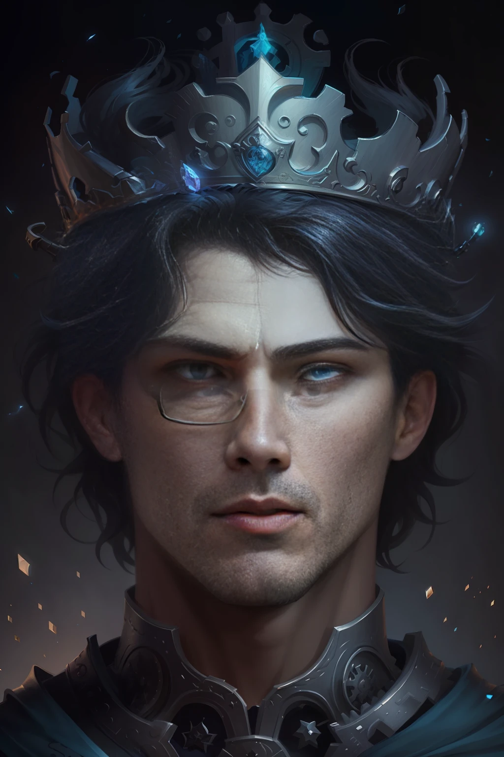 a man with a crown on his head and a blue dress, man with a crown, by Elena Guro, highly detailed exquisite fanart, prince crown of black gears, neoartcore and charlie bowater, epic portrait illustration, fantasy male portrait, avatar image, crowned, with an armor and a crown, by Galen Dara, stunning digital illustration