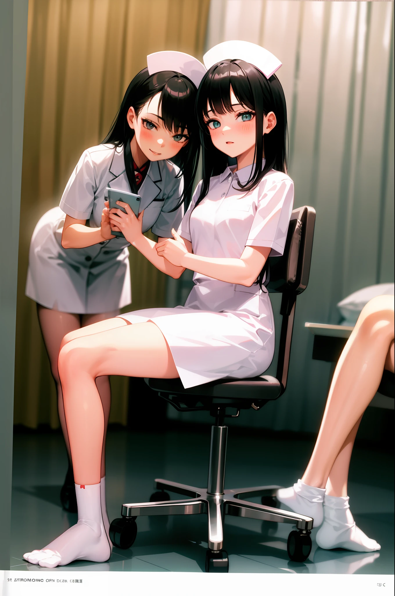 infirmary, curtains, 1girl, nurse, white dress,, masterpiece, best quality, highly detailed