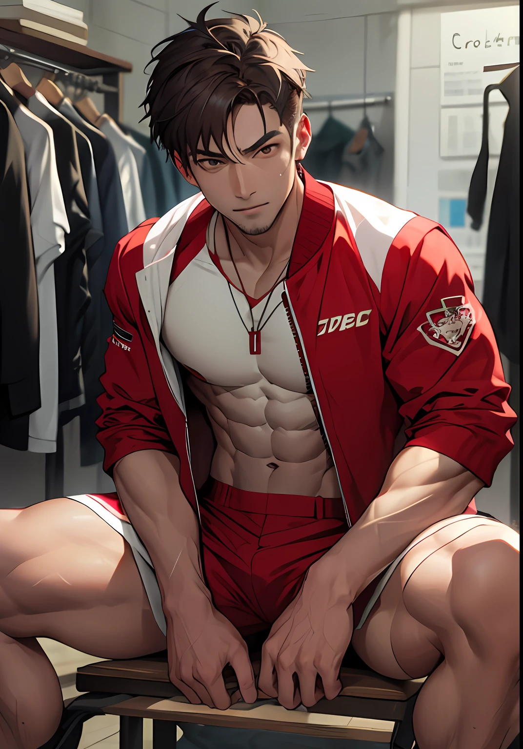 (巨作, Best Quality), 1人, musculous, bob-cut hair, with brown eye, mtu，Mature men，Enlarged pectoral muscles，Abs，复杂, (dress room), full bodyesbian, White baseball uniform, Open red jacket, vivd colour,(depth of fields:1.2),(Abs),Be red in the face，looking at viewert，A piano，spread their legs，The crotch is raised，transparent panty，