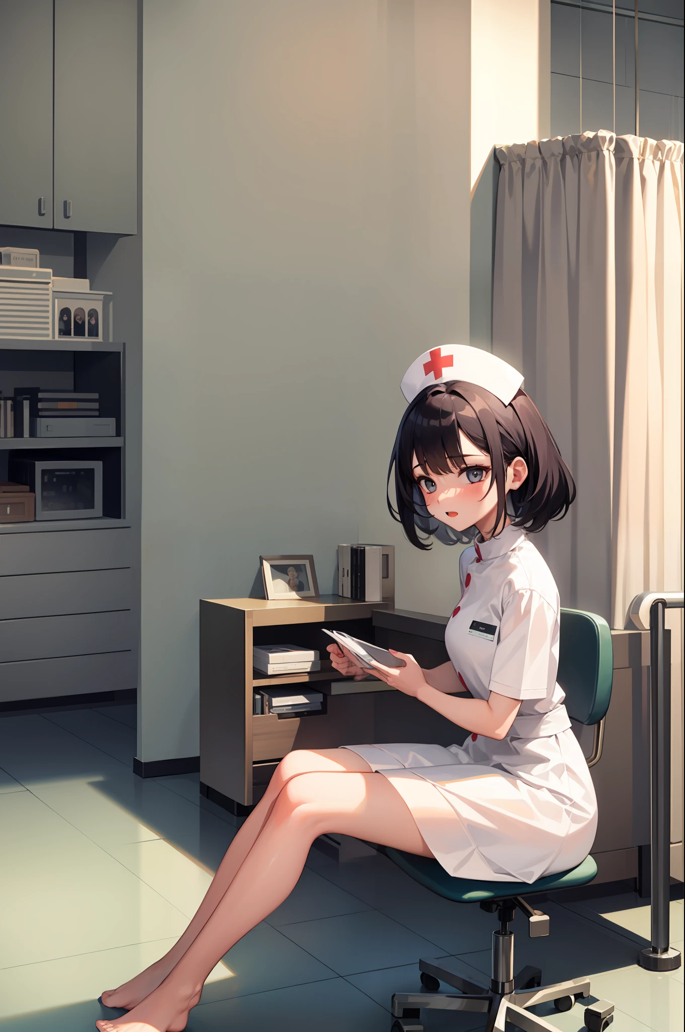 infirmary, curtains, 1girl, nurse, white dress,, masterpiece, best quality, highly detailed