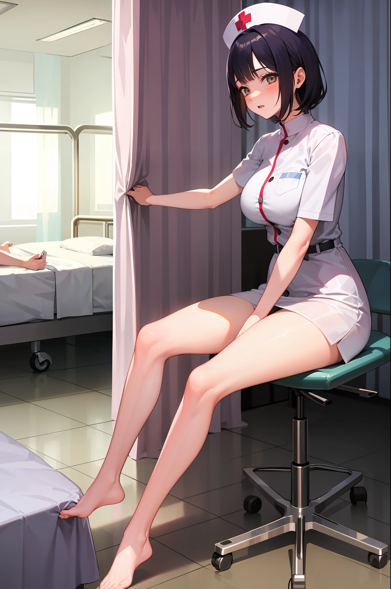 infirmary, curtains, 1girl, nurse, white dress,, masterpiece, best quality, highly detailed