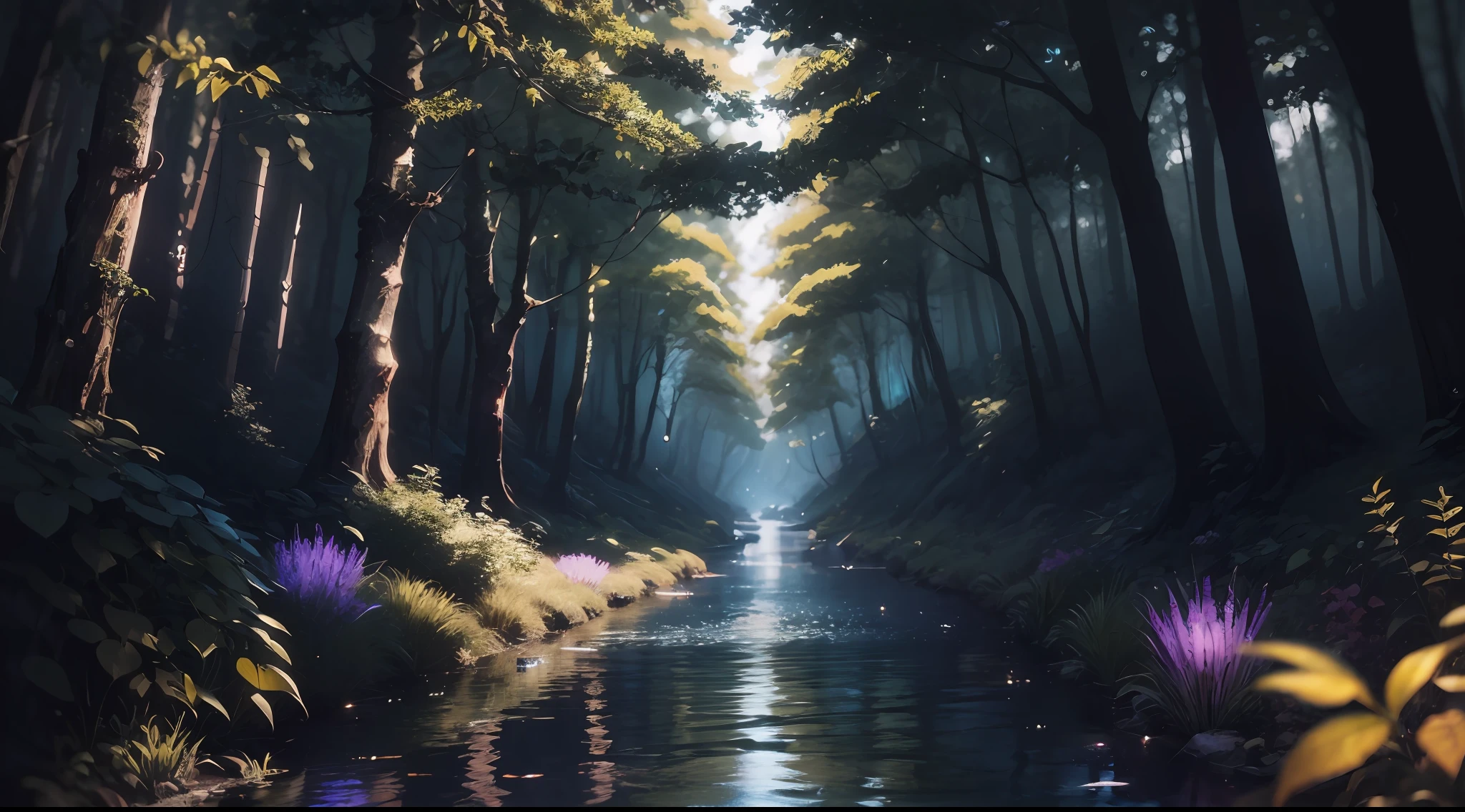 a picture taken from a video game of a forest with a stream of water, magical forest with fireflies, anime lush john 8k woods, glowing forest, magical forest, magical forest backround, magical environment, firefly forest at night, fireflies flying in the forest, magical fantasy forest, in a magical forest, in the magical forest, glowing lights! digital painting