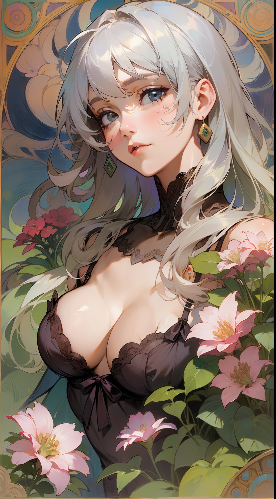 Silver-haired woman drawn by Mucha and Monet、Surrounded by many flowers、an lingerie