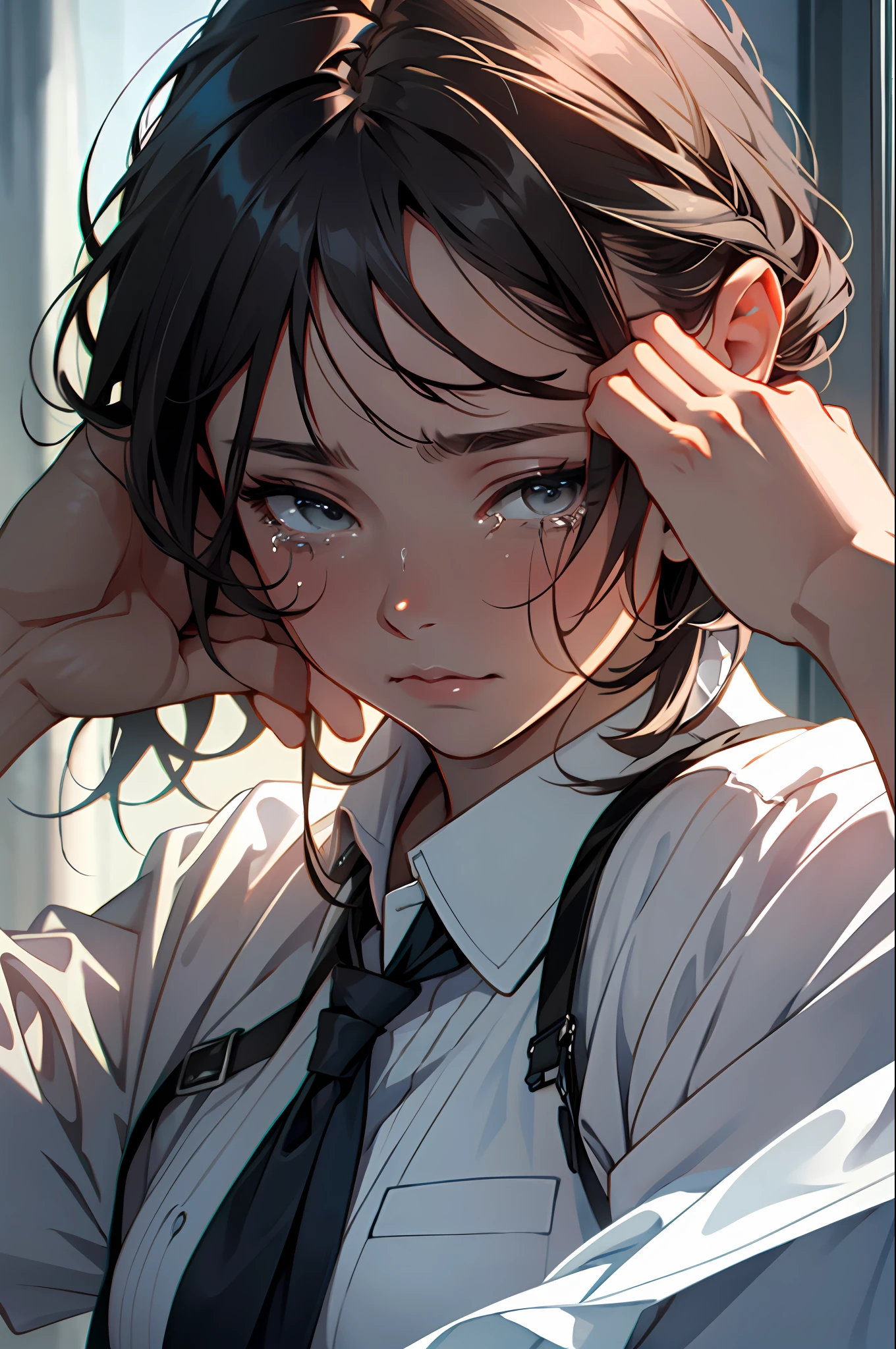 masterpiece, best quality,8k resolution,realistic,
1 girl, Crying, girl wiping glass