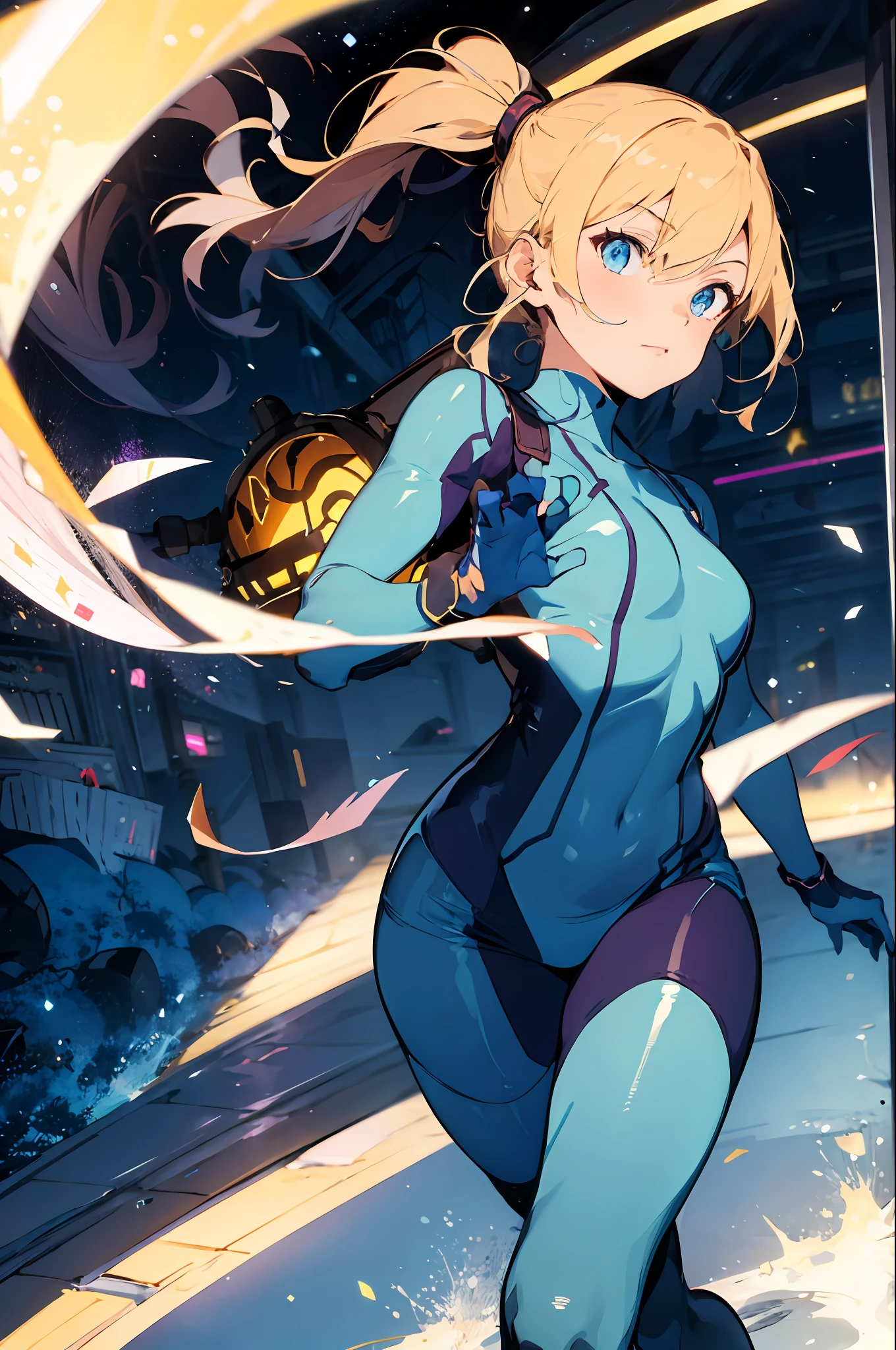 absurdres, best quality, 1girl, solo, eye focus, looking at viewer,   samus aran, ponytail, hair tie, blue gloves, blue bodysuit