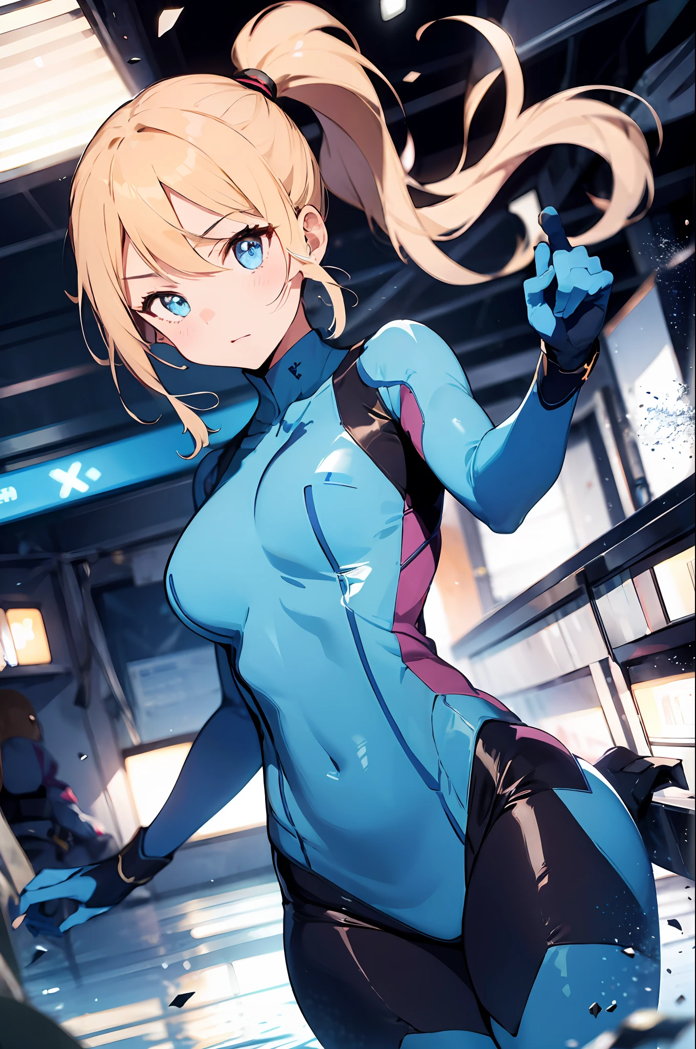 absurdres, best quality, 1girl, solo, eye focus, looking at viewer, samus aran, ponytail, hair tie, blue gloves, blue bodysuit