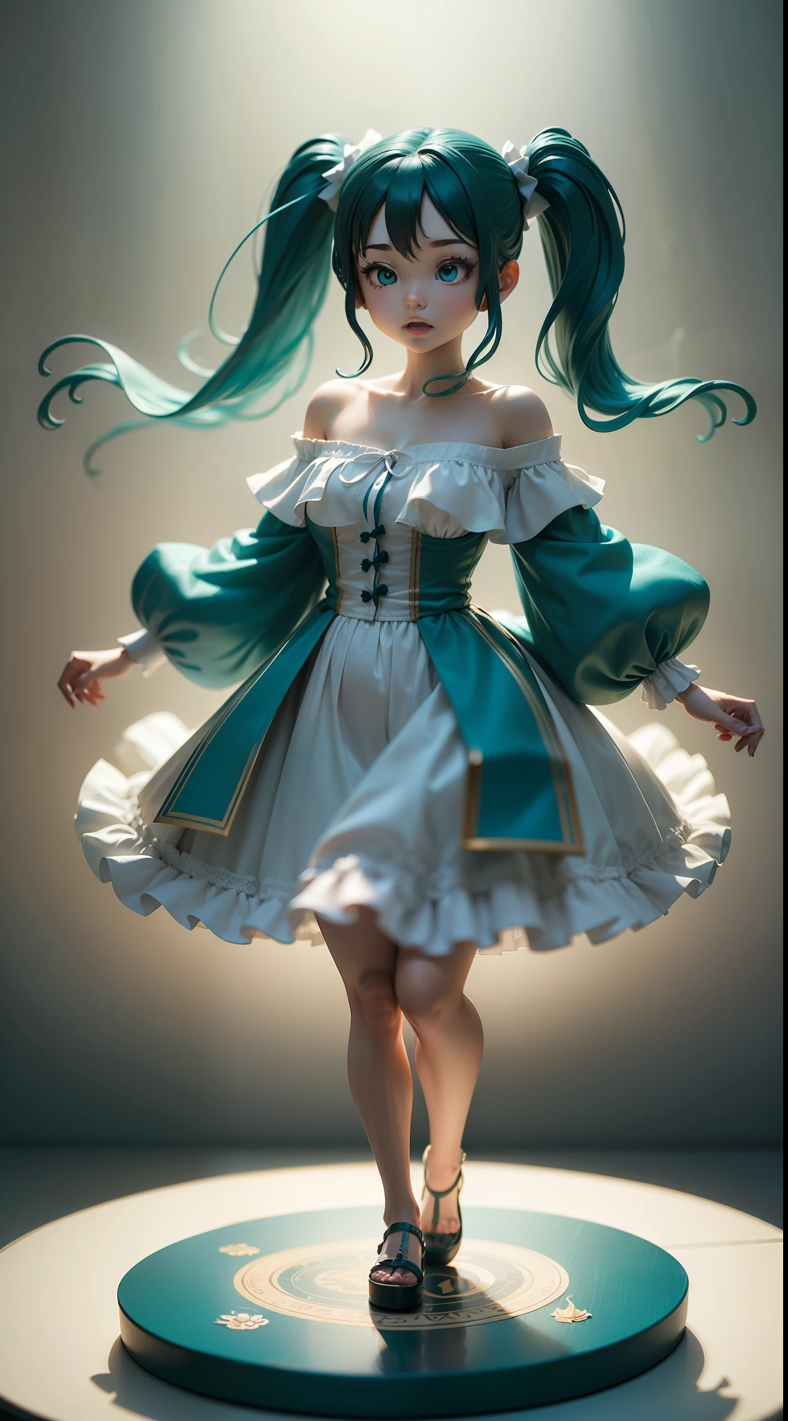 (long teal pigtails,1girl) a figurine standing on a circular plastic base, caught mid-air as if time has frozen. She is wearing a white off-shoulder dress that flows gently in the wind. The background includes an opened gift box. The lighting is harsh and strong, Product Photoshoot