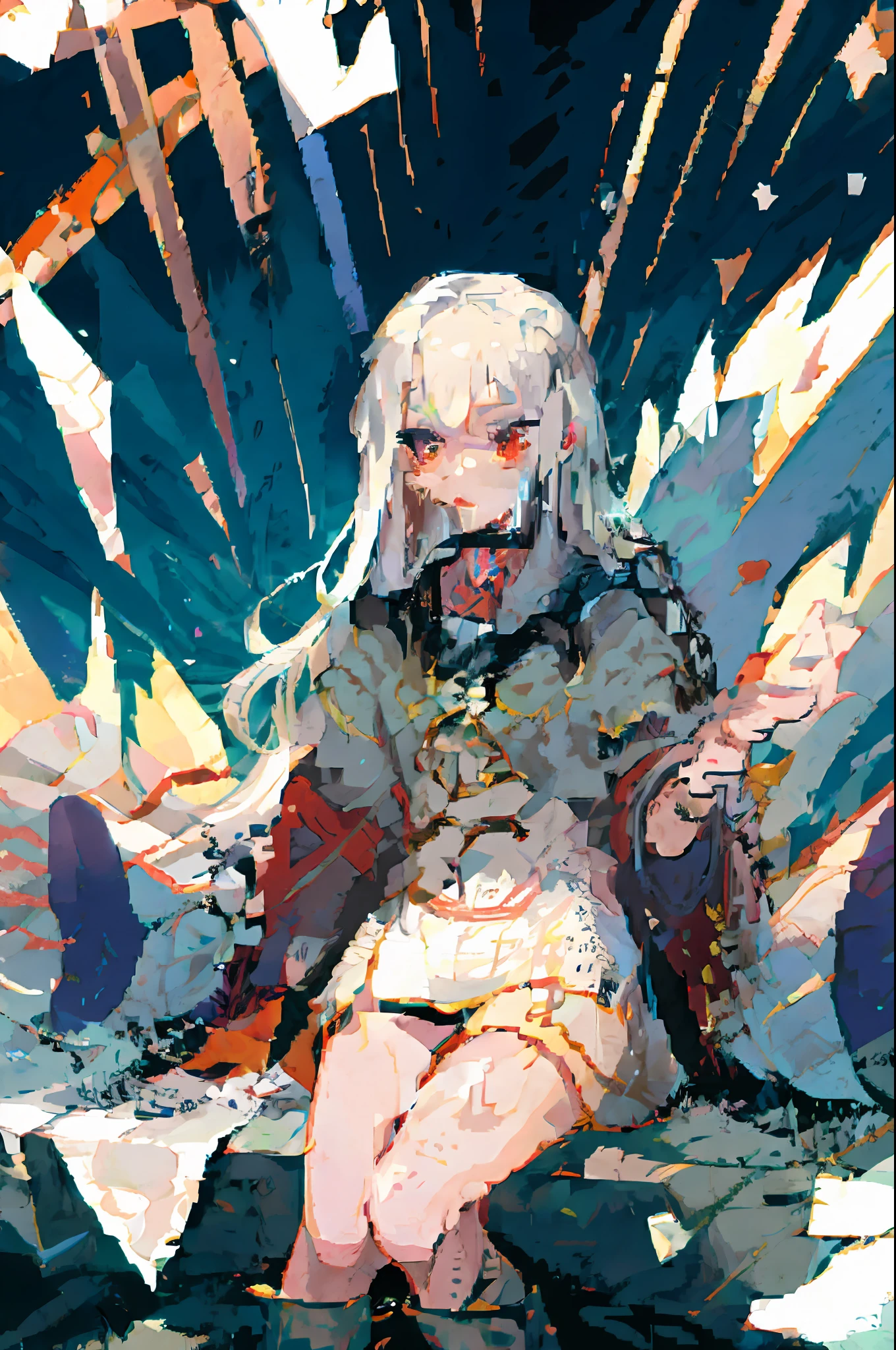 Big chest,Sparkling red love eyes,long white hair,revealing her belly,Wear white silk on your legs,don't have clothes,Riots and obscenity,Love tattoo on the thigh,With a collar,It's all water,Hands are tied