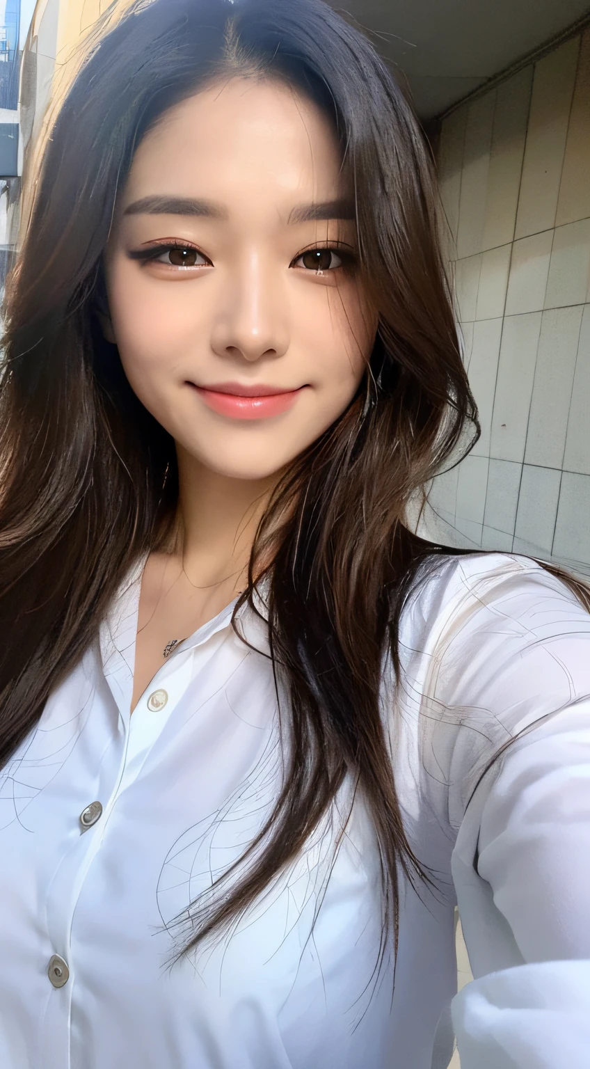 ((Best Quality, 8K, Masterpiece: 1.3)), Sharp: 1.2, Perfect Body Beauty: 1.4, Slim Abs: 1.2, ((Layered Hairstyle, Big: 1.2)), (Wet White Button Long Shirt: 1.1), (Rain, Street: 1.2), Wet: 1.5, Highly Detailed Face and Skin Texture, Detailed Eyes, Double Eyelids, Aspect Looking at Camera, Smile